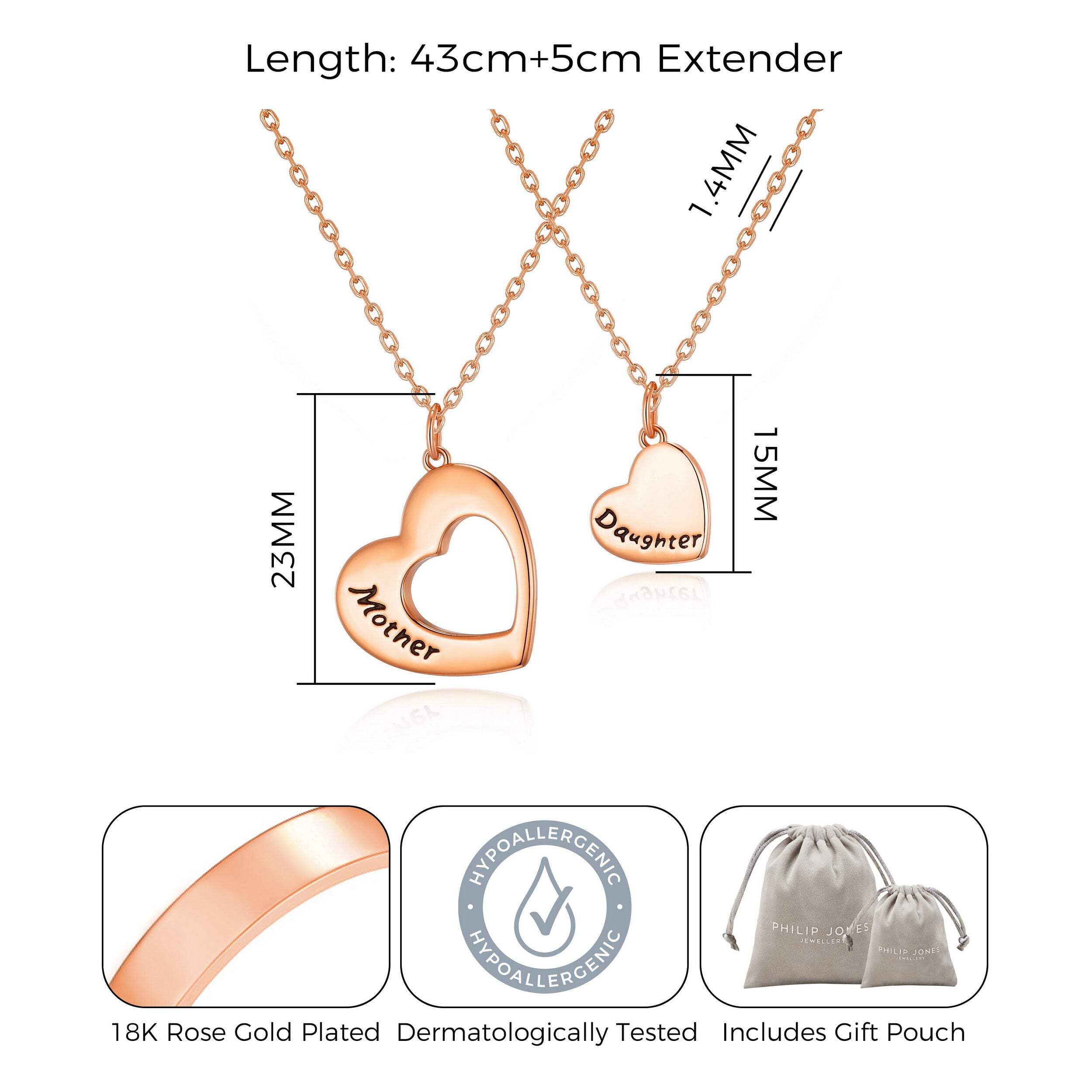 Philip Jones Rose Gold Plated Mother Daughter Necklace Set - Elegant Matching Jewelry Gift for Women, Girls | Perfect for Birthdays, Anniversaries & Mother's Day