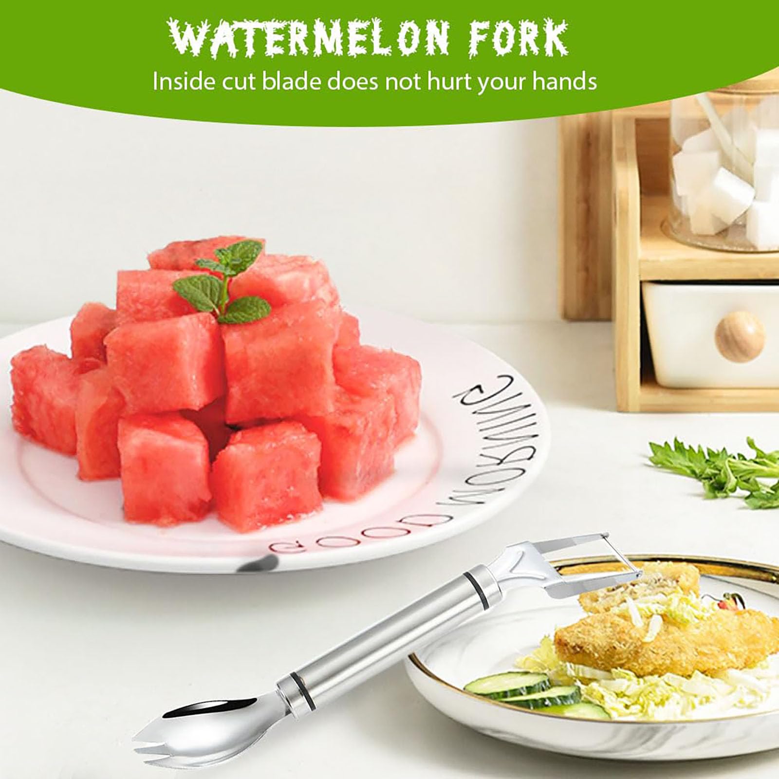 2024 Upgraded 2-in-1 Stainless Steel Fruit Cutter - Dual Head Watermelon Slicer & Melon Fork - Durable Silver Kitchen Tool for Summer BBQs, Picnics & Fruit Platters