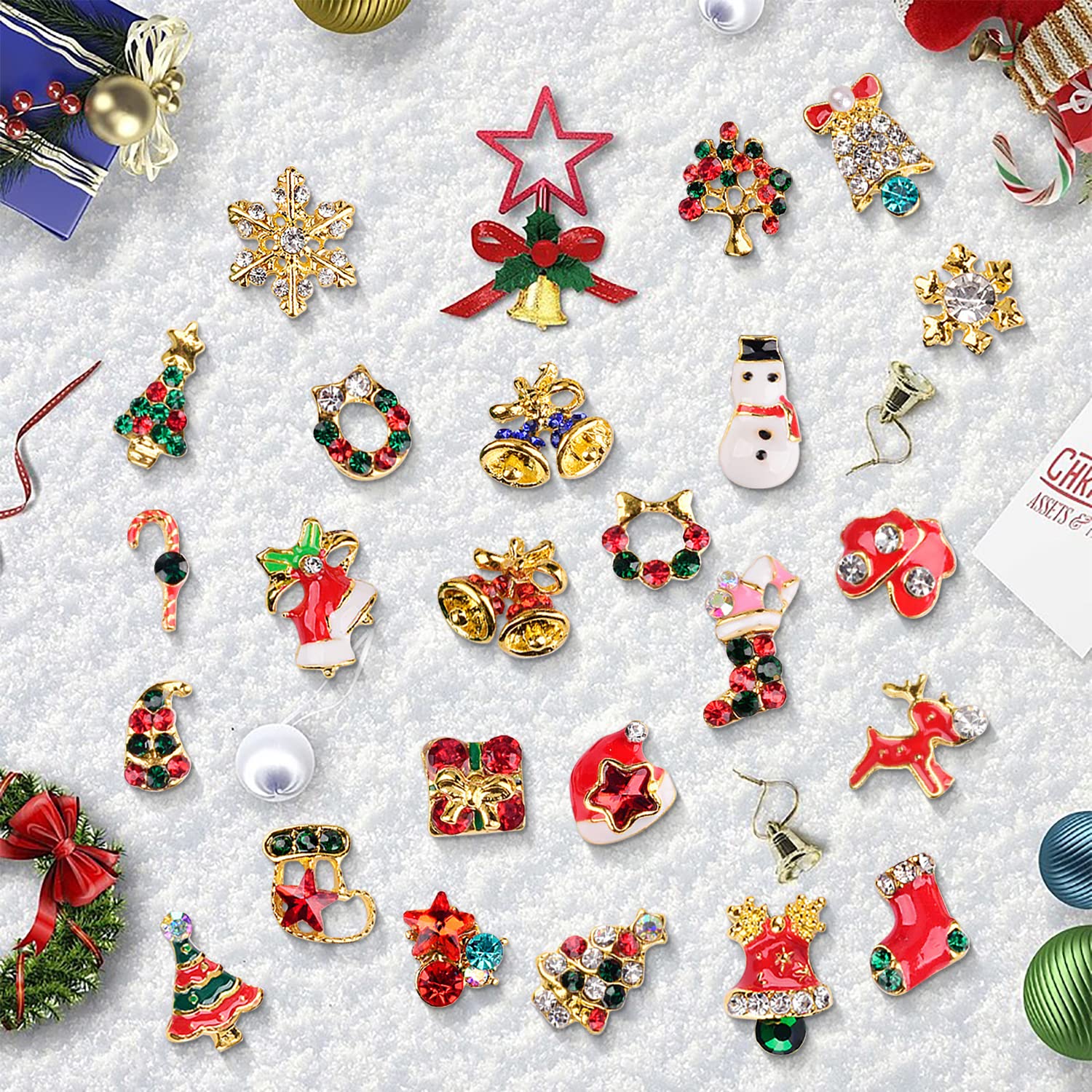 WOKOTO 24 Pcs Christmas Nail Charms - 3D Holiday Nail Art Decorations with Christmas Tree, Bells, Snowman & Rhinestones | Perfect for DIY Nail Art, Holiday Parties & Festive Manicures