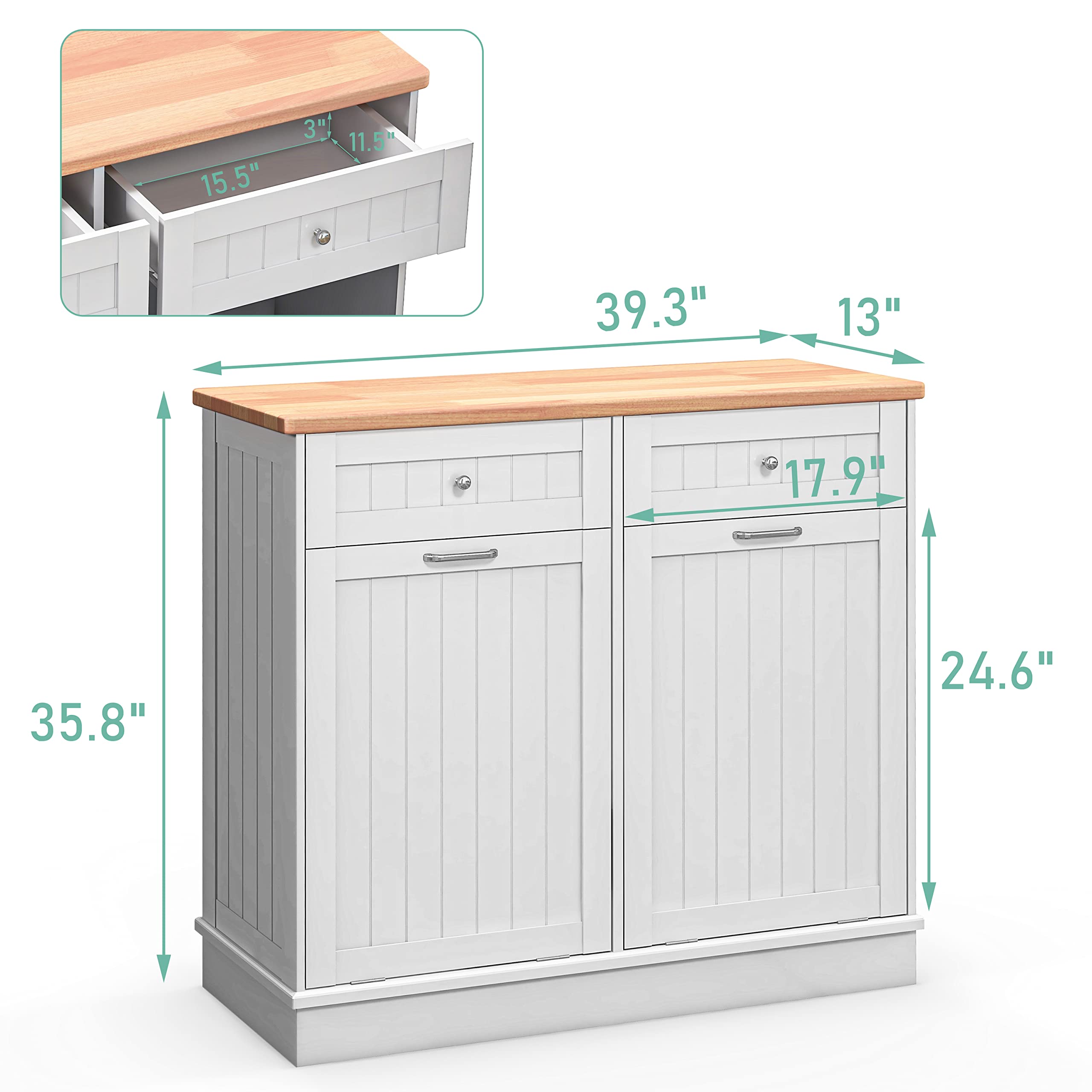 10 Gallon Double Tilt Out Trash Cabinet - Free Standing Recycling Bin for Kitchen, Living Room & Dining Room - Farmhouse Style White Trash Can with Storage - Perfect for Waste Sorting & Home Organization