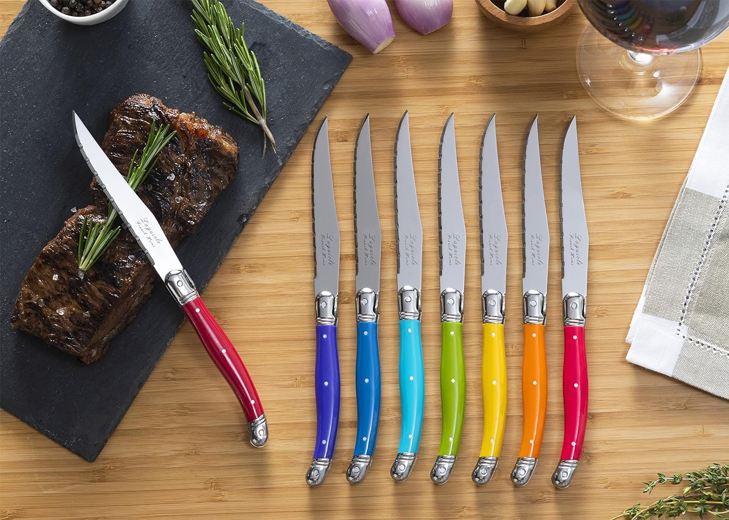 Premium French Laguiole 8-Piece Steak Knife Set - High-Quality Stainless Steel Dinner Knives with Elegant Rainbow Handles & Signature Bee Emblem - 9.25