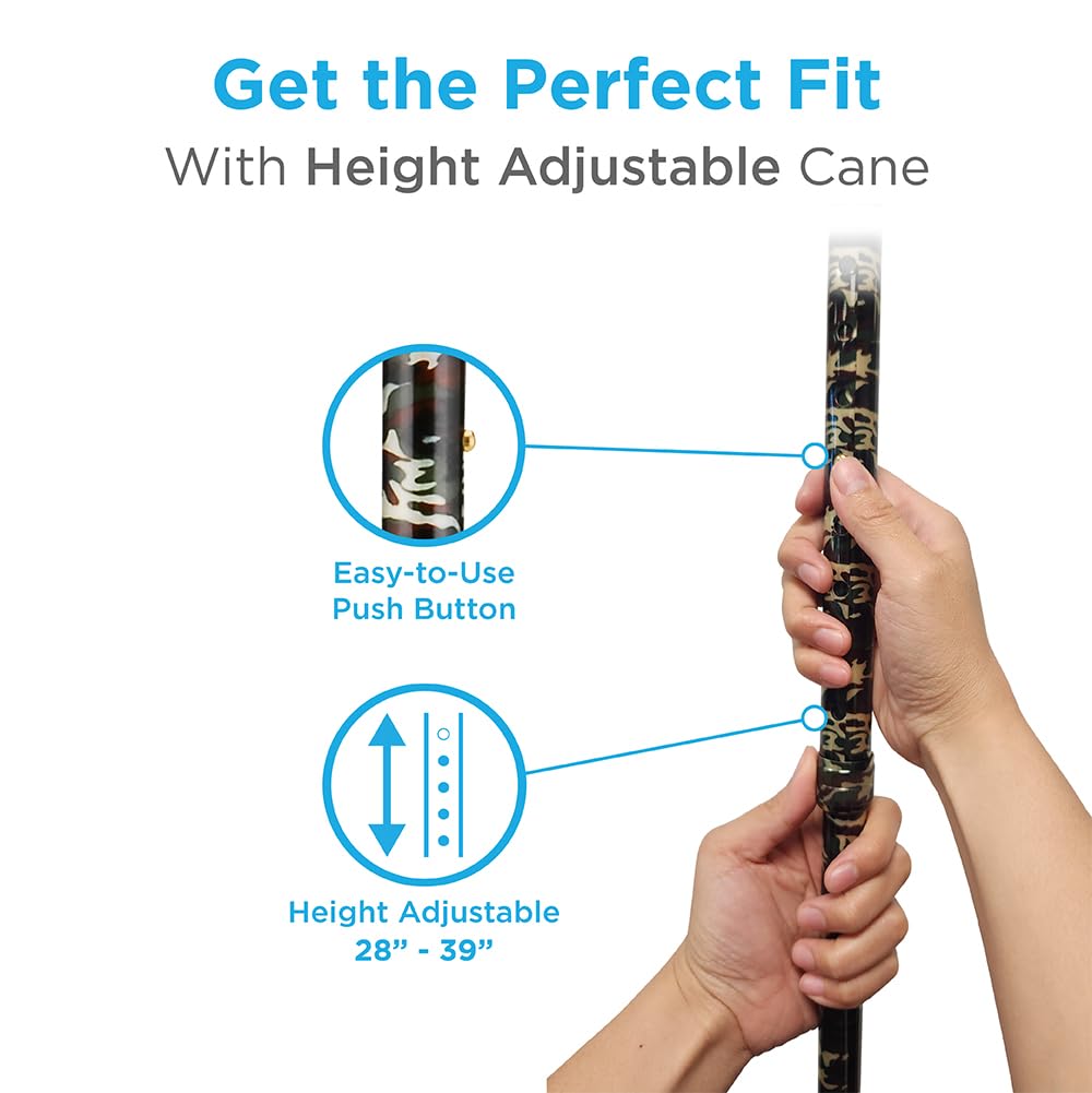 Premium Adjustable Lightweight Walking Cane with Offset Handle - Camouflage Design Walking Stick with Carrying Strap - Ideal for Seniors, Hiking & Outdoor Mobility Support