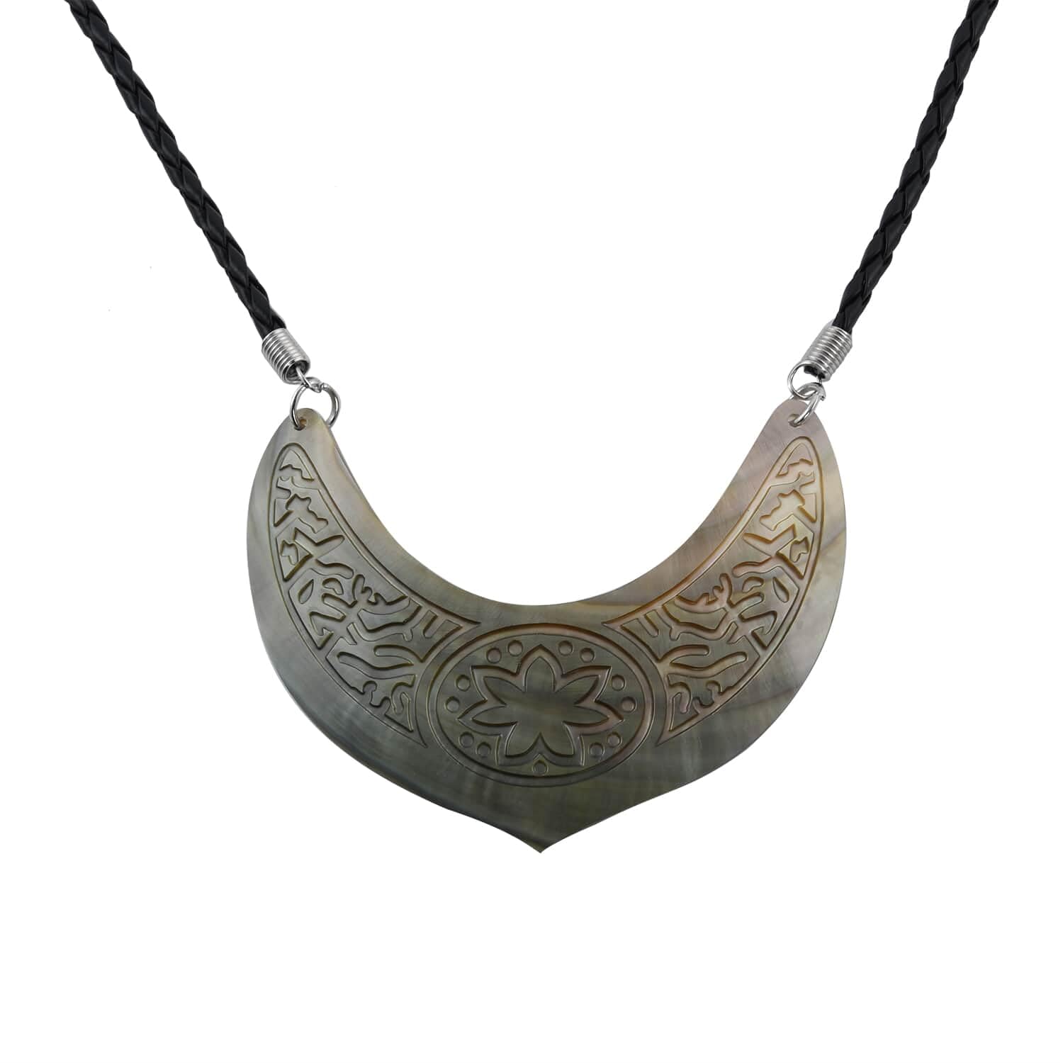 Handmade Brown Shell Flower Carved Black String Necklace for Women - 26