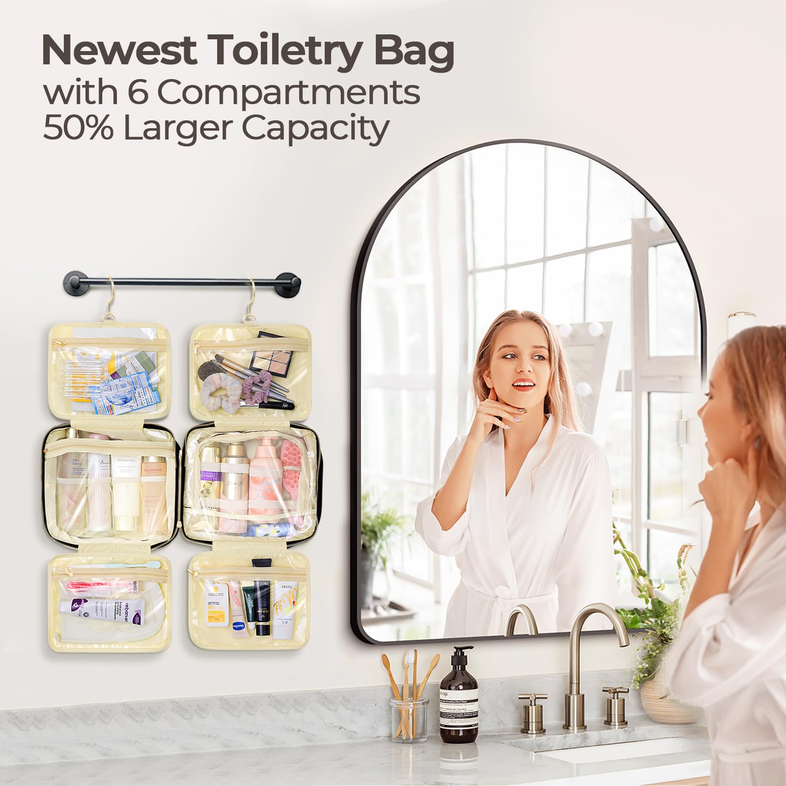 **Detachable Hanging Travel Toiletry Bag for Women - 6 Compartments Large Makeup Organizer for Bathroom, Shower, Business Trips & Camping (Black) - Perfect for Travel, Gym & Daily Use**
