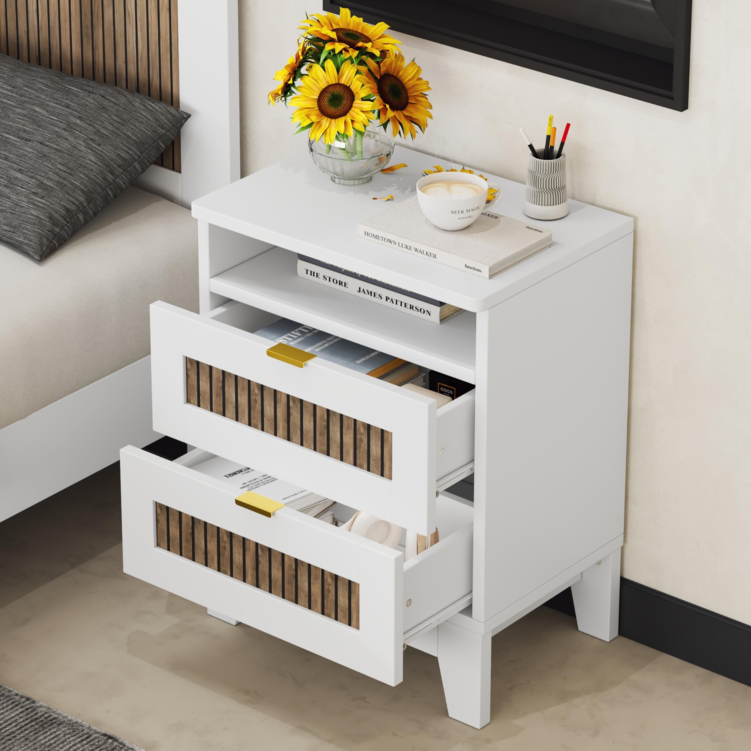 LZ LEISURE ZONE 4-Piece Full Size Farmhouse Bedroom Set - White Wooden Platform Bed with Storage Nightstands & Dresser (Metal Handles) | Rustic Home Decor for Master Bedroom, Guest Room & Apartment