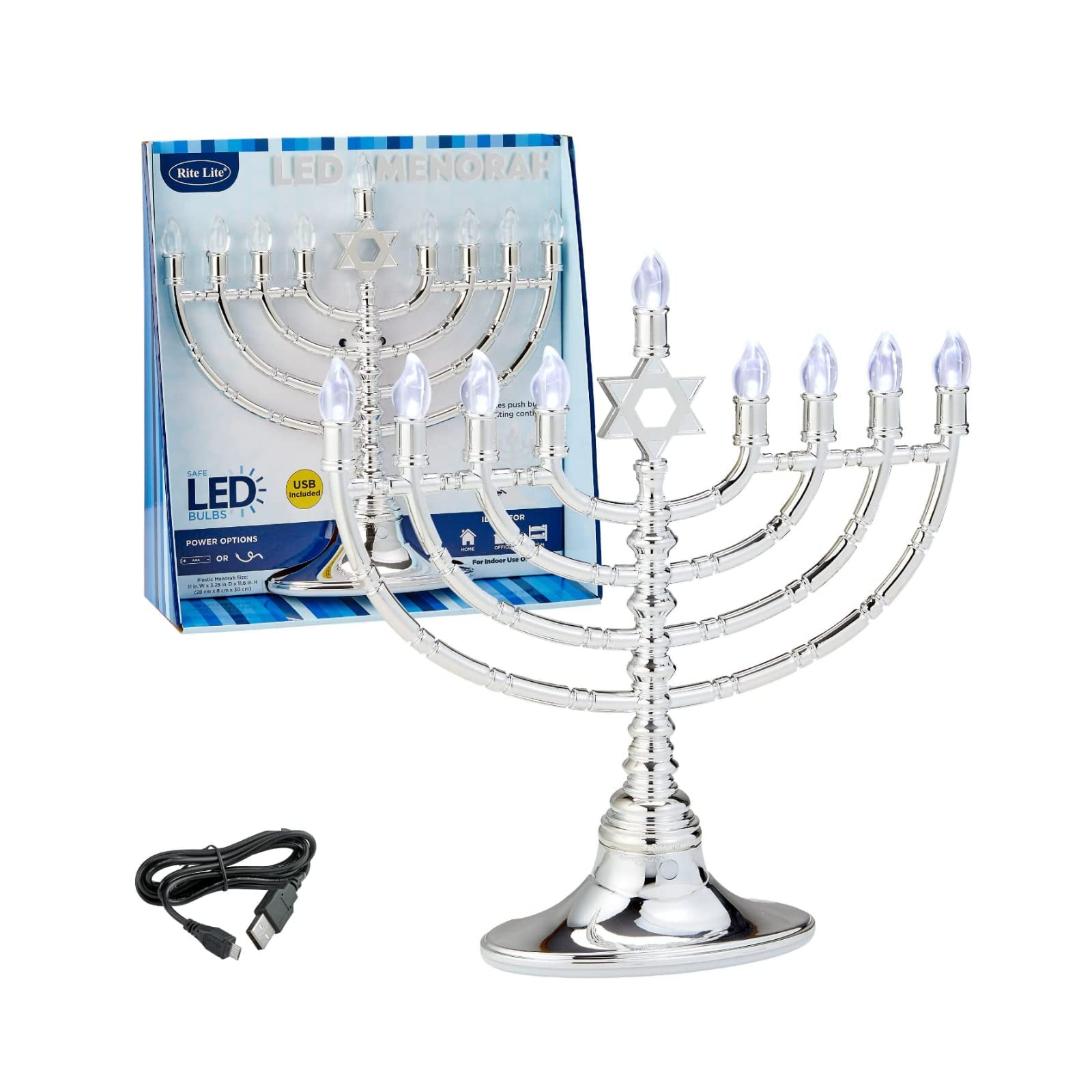Traditional Large Silver LED Hanukkah Menorah with Blue Holiday Bulbs - Battery/USB Powered (Includes 4' Micro USB Cable) - Perfect for Chanukah Celebrations in Homes, Offices & Dorm Rooms - Elegant Jewish Holiday Decor for Tabletop & Window Displays