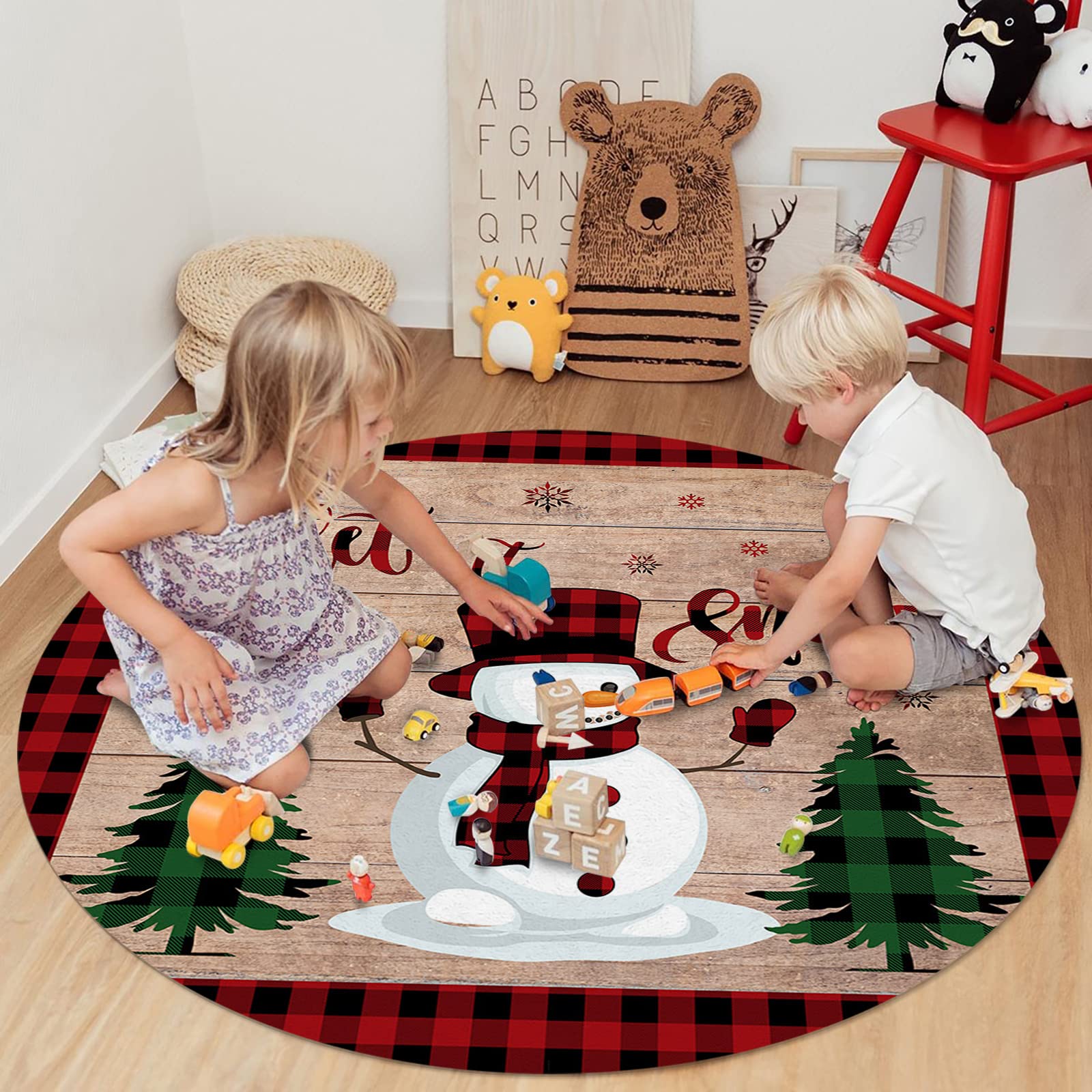 Christmas Plaid Round Area Rug - Red & Black Snowman & Xmas Tree Design on Retro Wood Grain - Soft Non-Slip Indoor Carpet for Living Room, Dining, Bedroom, Kids Room - Perfect for Holiday Decor & Cozy Home Gatherings (4 Feet)