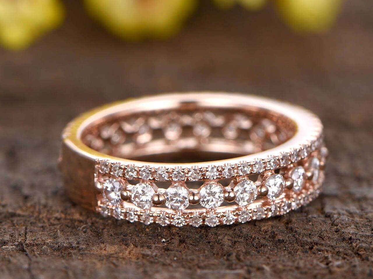 0.75 Carat Three Row Full Eternity Moissanite Diamond Wedding Band - 10k Rose Gold Engagement Ring for Women - Perfect Stackable Ring for Bridal, Anniversary & Special Occasions