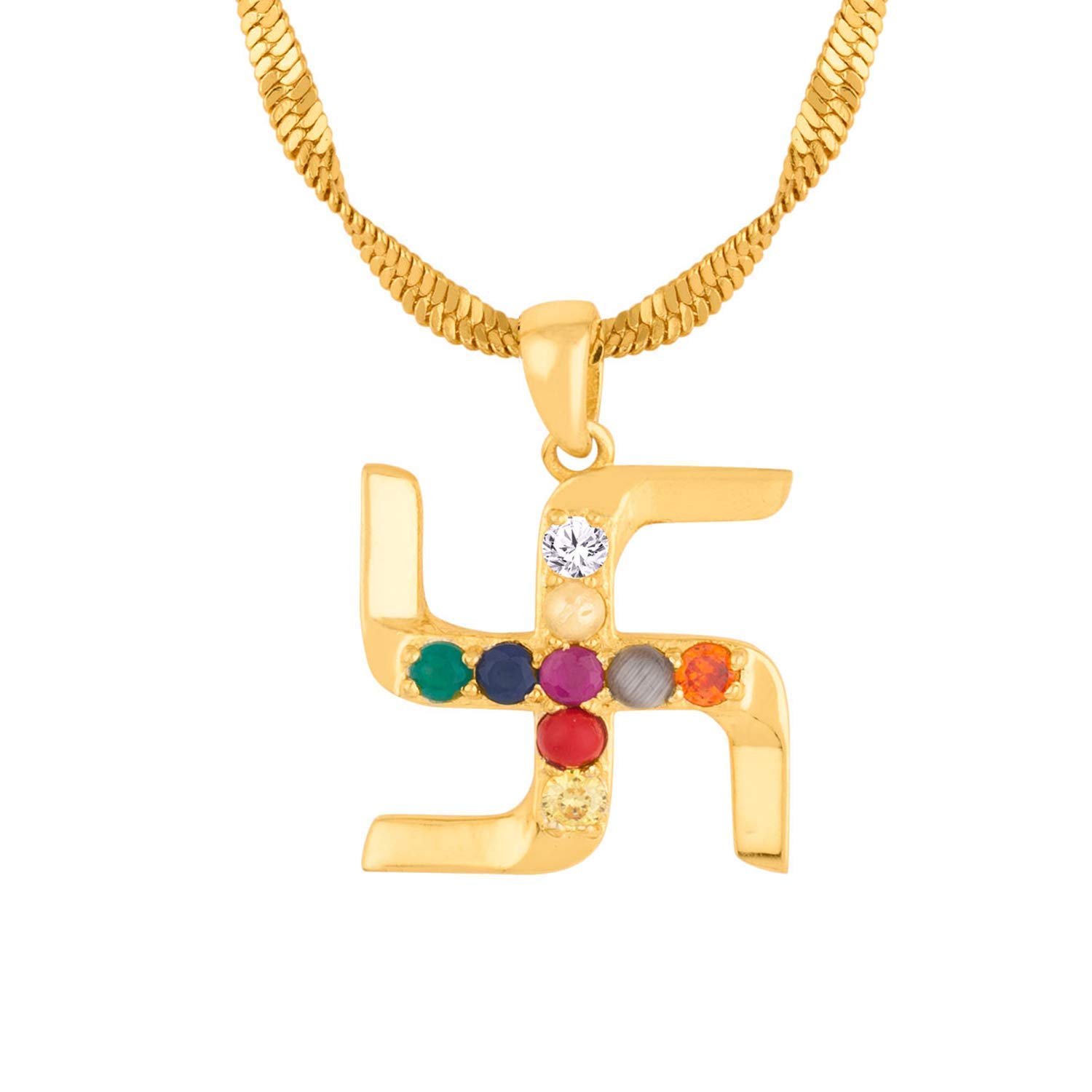 Rudra Divine Navratan Swastik Pendant - 24K Gold Plated with Genuine Semi-Precious Gemstones & Matching Gold Chain | Spiritual Jewelry for Meditation, Yoga & Positive Energy