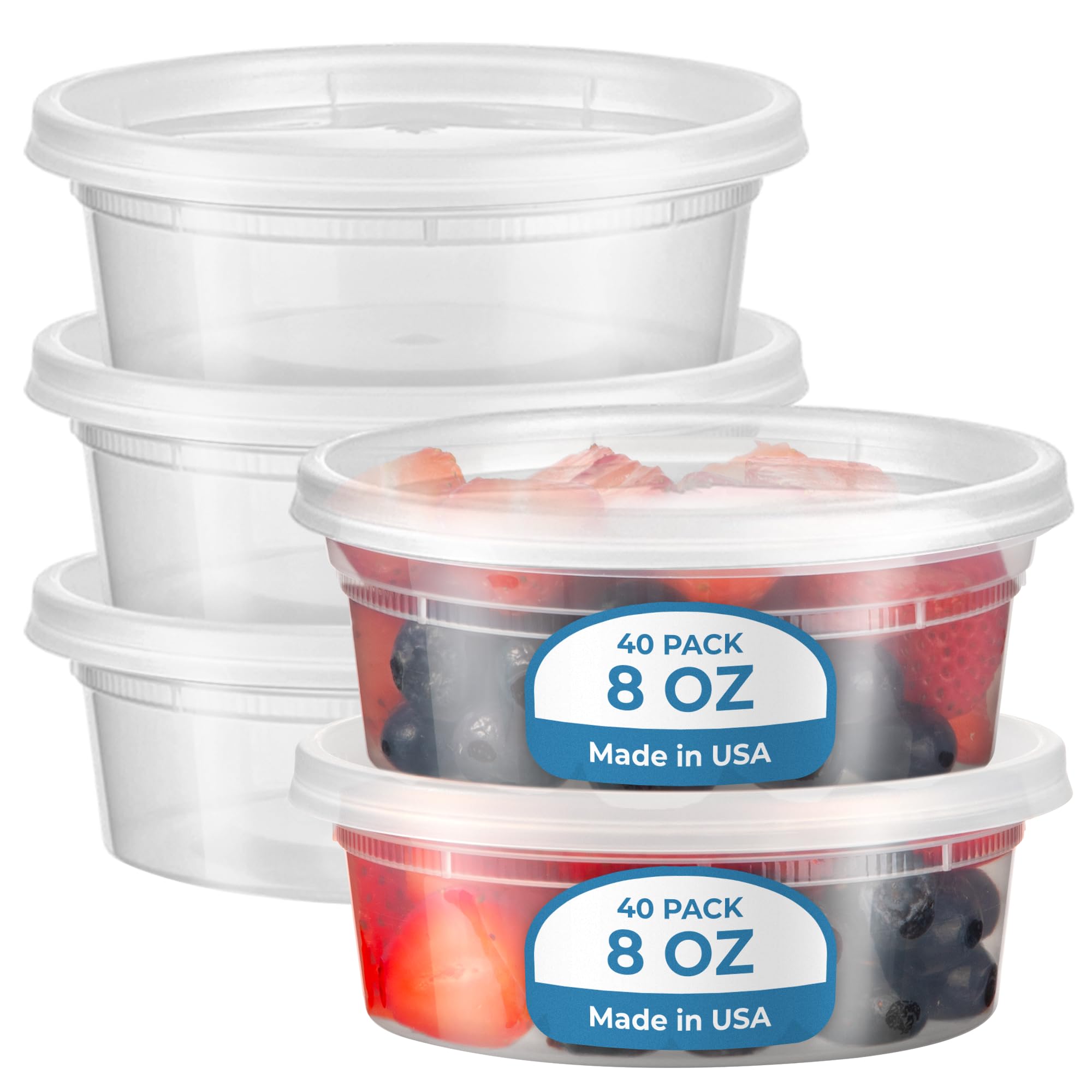 40-Pack 8 oz Airtight Leakproof Meal Prep Containers with Lids - US Made Clear Round Plastic Food Storage Containers for Soups, Takeout & Restaurants | Microwave & Freezer Safe | Perfect for Meal Prepping, Leftovers & Food Delivery