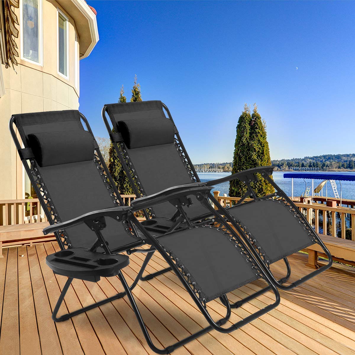 Casart Set of 2 PC Folding Lounge Chairs - Outdoor Zero Gravity Recliners with Cup Holder - Lightweight & Portable for Backyard, Beach, Poolside & Patio Relaxation