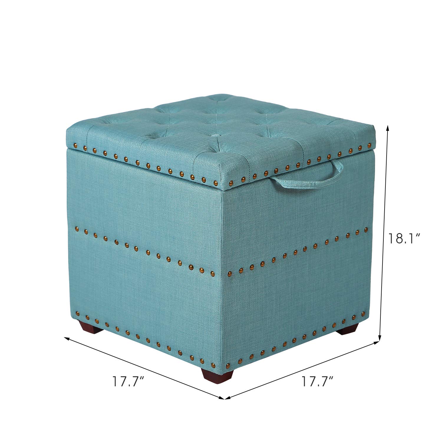 Adeco European Style Fabric Storage Ottoman Bench with Wooden Legs & Nailhead Trim - Blue Cube Footstool for Living Room, Bedroom & Entryway