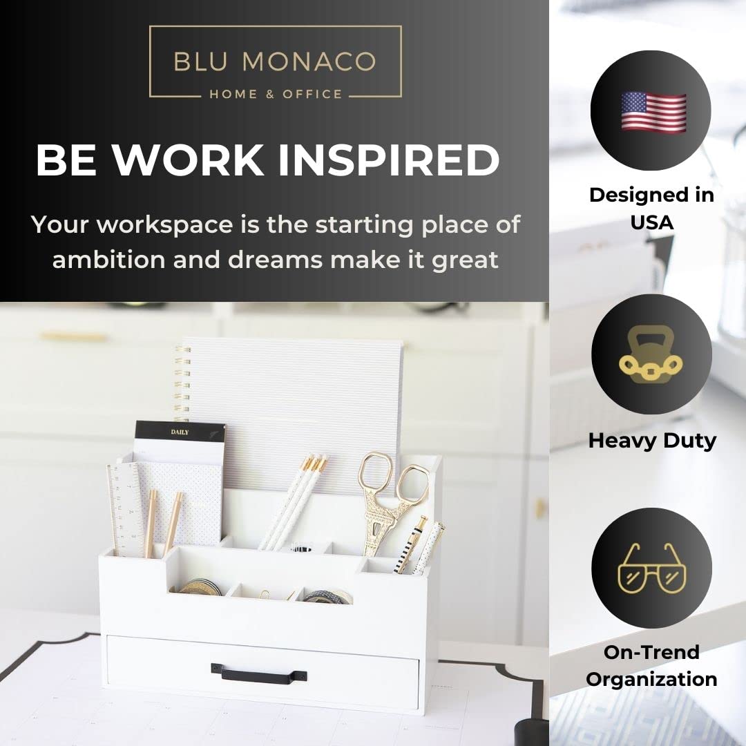 BLU MONACO White Wooden Desk Organizer with Drawer - Office Desk Caddy for Pens, Pencils, Paper Clips & Supplies - Stylish Desktop Storage for Women - Perfect for Home Office, Study & Workspace Organization