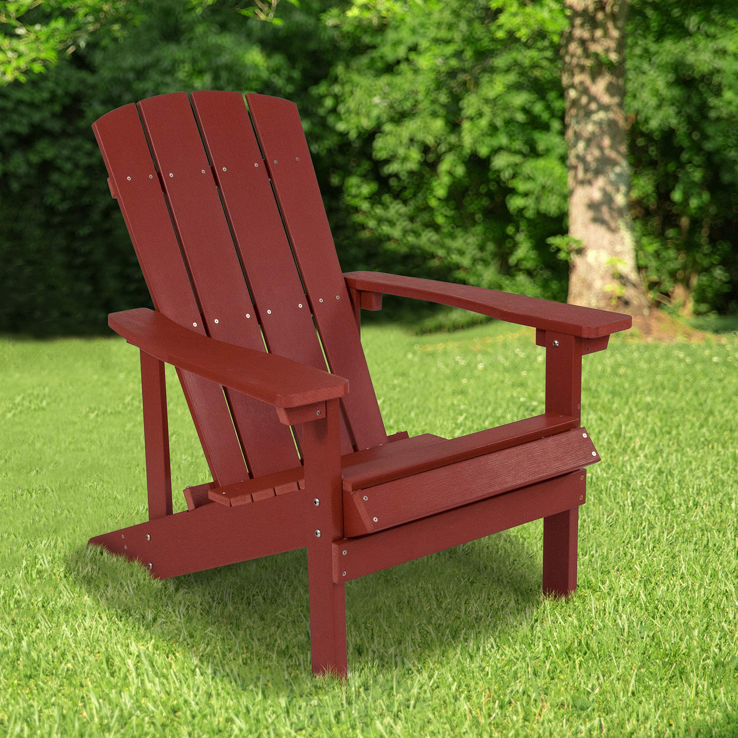 Flash Furniture Charlestown Commercial Grade Indoor/Outdoor Adirondack Chair - Weather Resistant Durable Poly Resin Deck & Patio Seating in Red - Perfect for Backyard, Poolside & Garden Relaxation