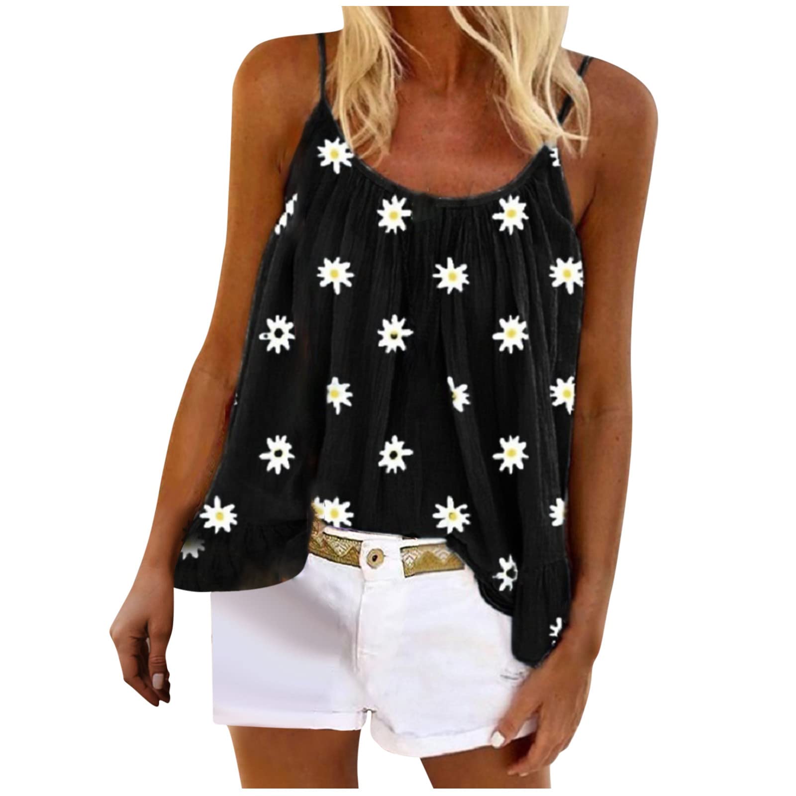 Women's Summer Floral Sleeveless Shirt - Sexy Spaghetti Strap Loose Flowy Camisole Top with Pleated Swing Design | Perfect for Beach Outings, Date Nights & Casual Wear
