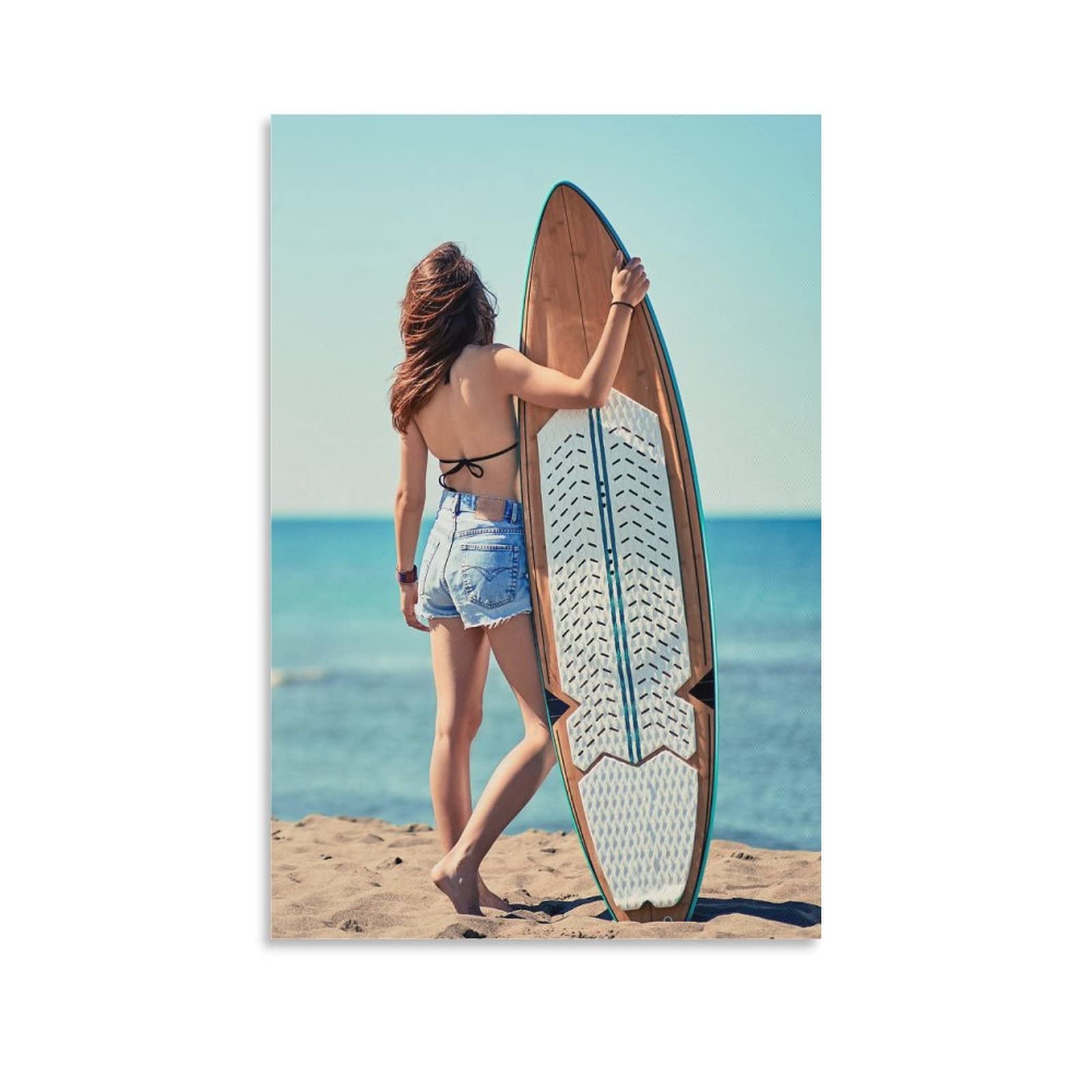 Nordic Style Beach Surf Girl Wall Art Canvas Painting - Nature Landscape Poster Print for Living Room & Bedroom Decor - 20x30inch (50x75cm) - Perfect for Coastal, Boho & Scandinavian Home Interior Design