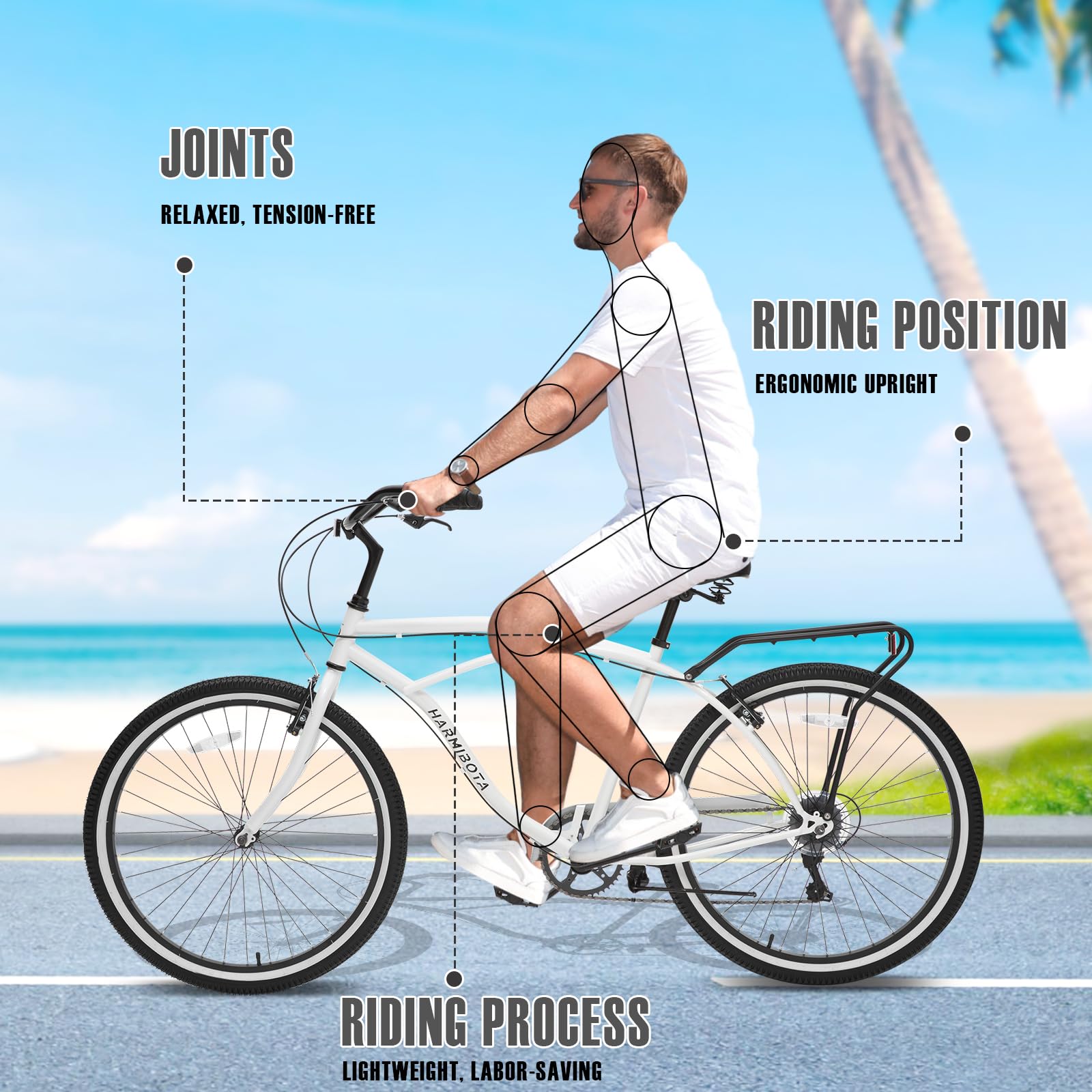26 Inch 7-Speed Adult Beach Cruiser Bike for Men - Hybrid Bicycle with Stable Ride for Riders 5' to 7' - Perfect for Coastal Rides, City Commuting & Leisure Cycling (Black)