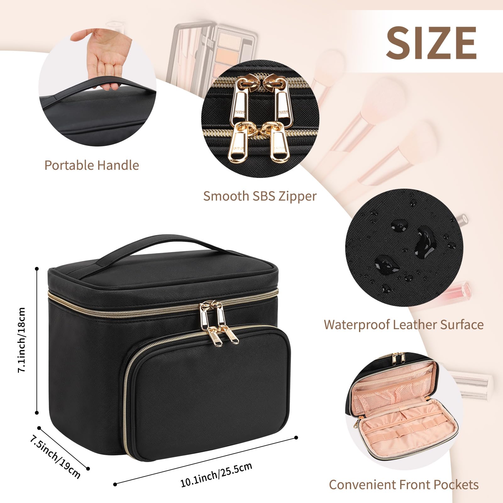 Large Travel Makeup Bag for Women - Waterproof Leather Cosmetic Organizer with Removable Dividers | Portable Vertical Storage Case for Makeup, Brushes & Skincare | Perfect for Travel, Gym & Daily Use