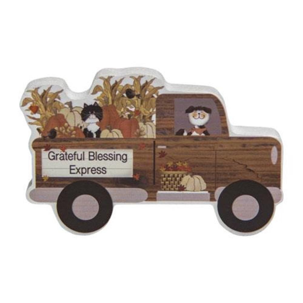 Grateful Blessing Express Chunky Wood Truck Sitter - Rustic Home Decor for Farmhouse, Office Desk & Gift Giving