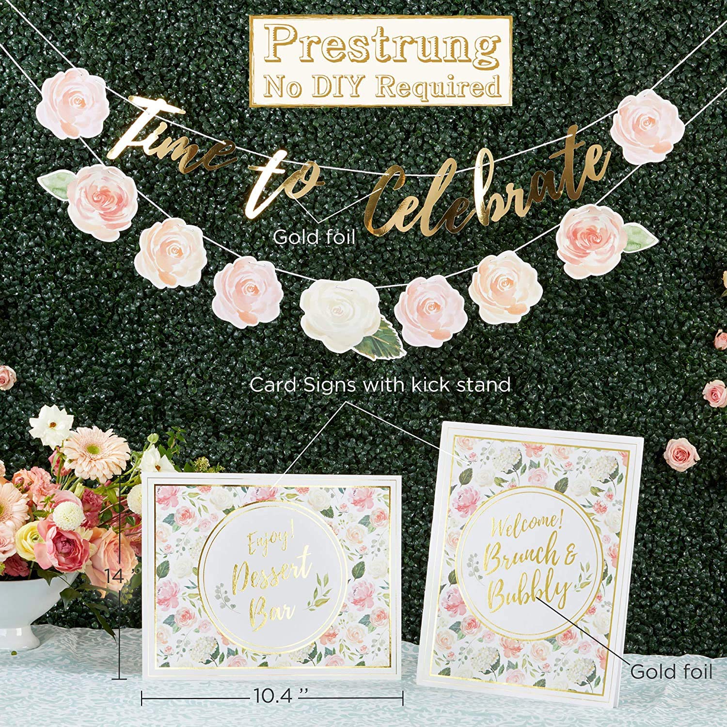 Kate Aspen Floral Brunch Decor Kit - Gold Foil Party Supplies with Banner & Sign for Tea Party, Wedding, Bridal Shower | Perfect for Birthday Celebrations, Baby Showers & Bridal Events