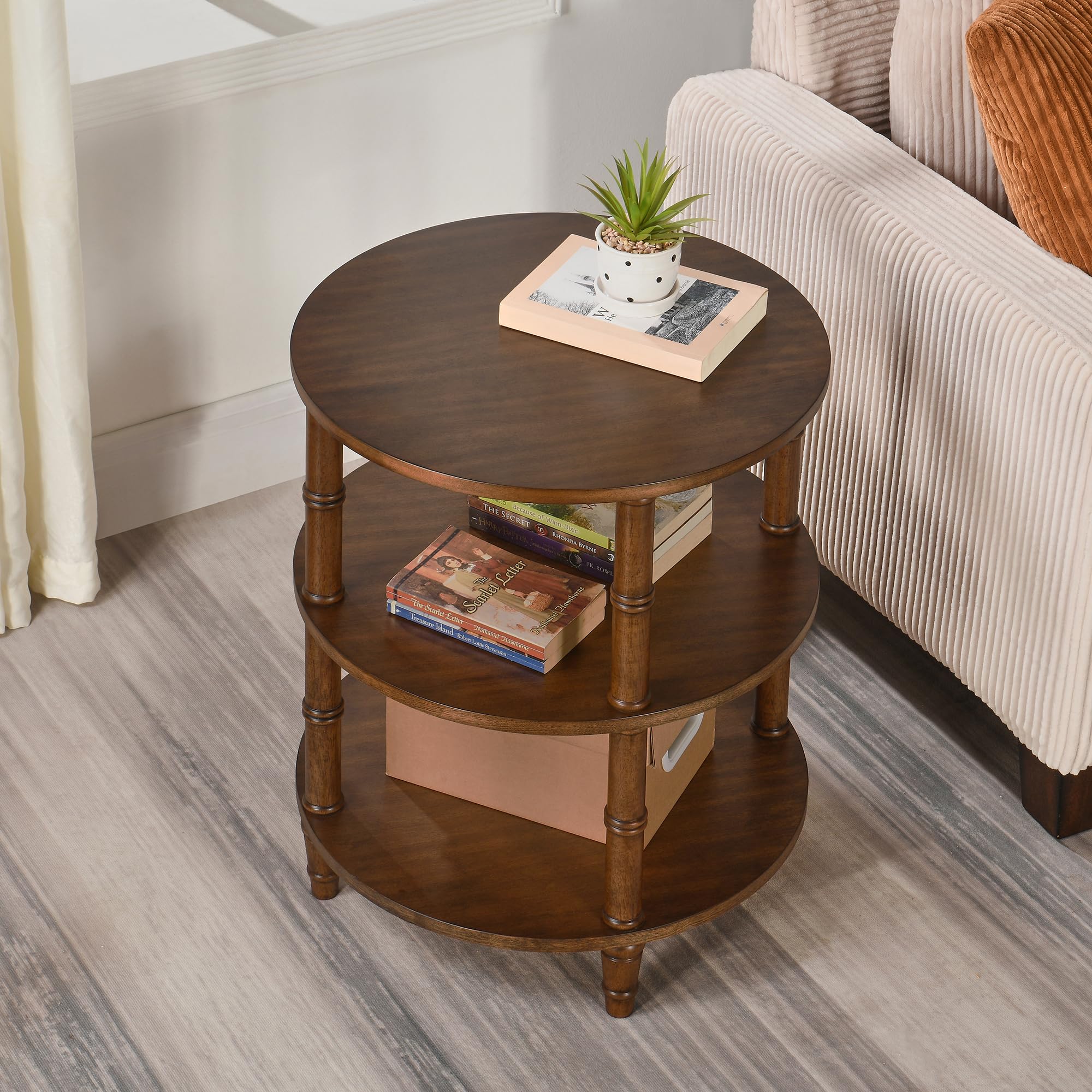 LEEMTORIG 3-Tier Round End Side Table with Storage Shelf - Solid Wood Nightstand, Mid-Century Modern Bedside Table for Bedroom, Living Room, Office - Easy Assembly Walnut Brown - Perfect for Small Spaces, Apartment Decor & Reading Nook Accessories