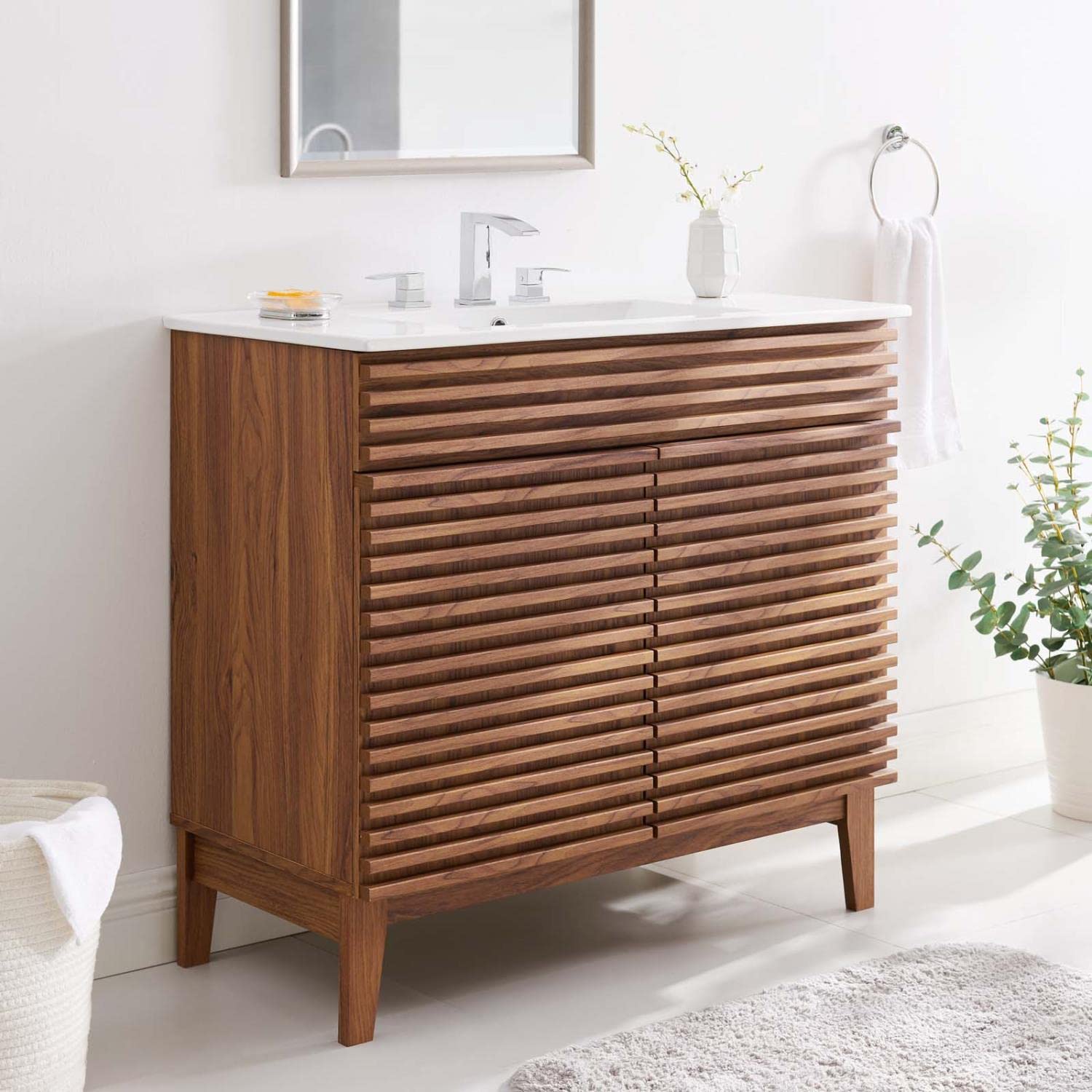 Modway Render 36 Inch Walnut White Bathroom Vanity with Sink - Modern Bathroom Furniture for Small Spaces, Powder Rooms & Master Baths