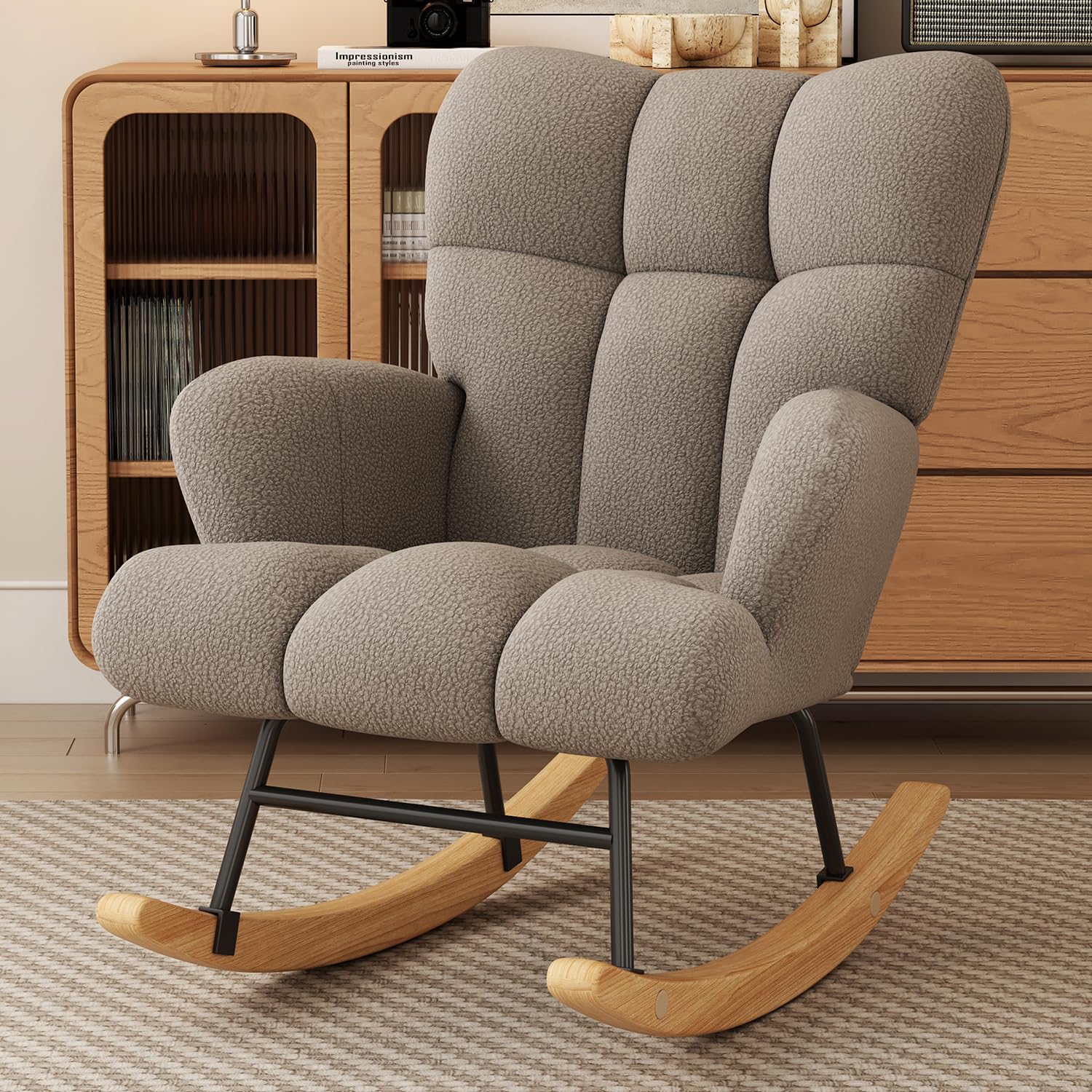 **Comfy Glider Rocking Chair for Nursery - High Backrest Teddy Soft Upholstered Armchair for Reading, Relaxing in Bedroom, Living Room & Home Office (Khaki) - Perfect for Nursing, Lounging & Baby Nursery Decor**