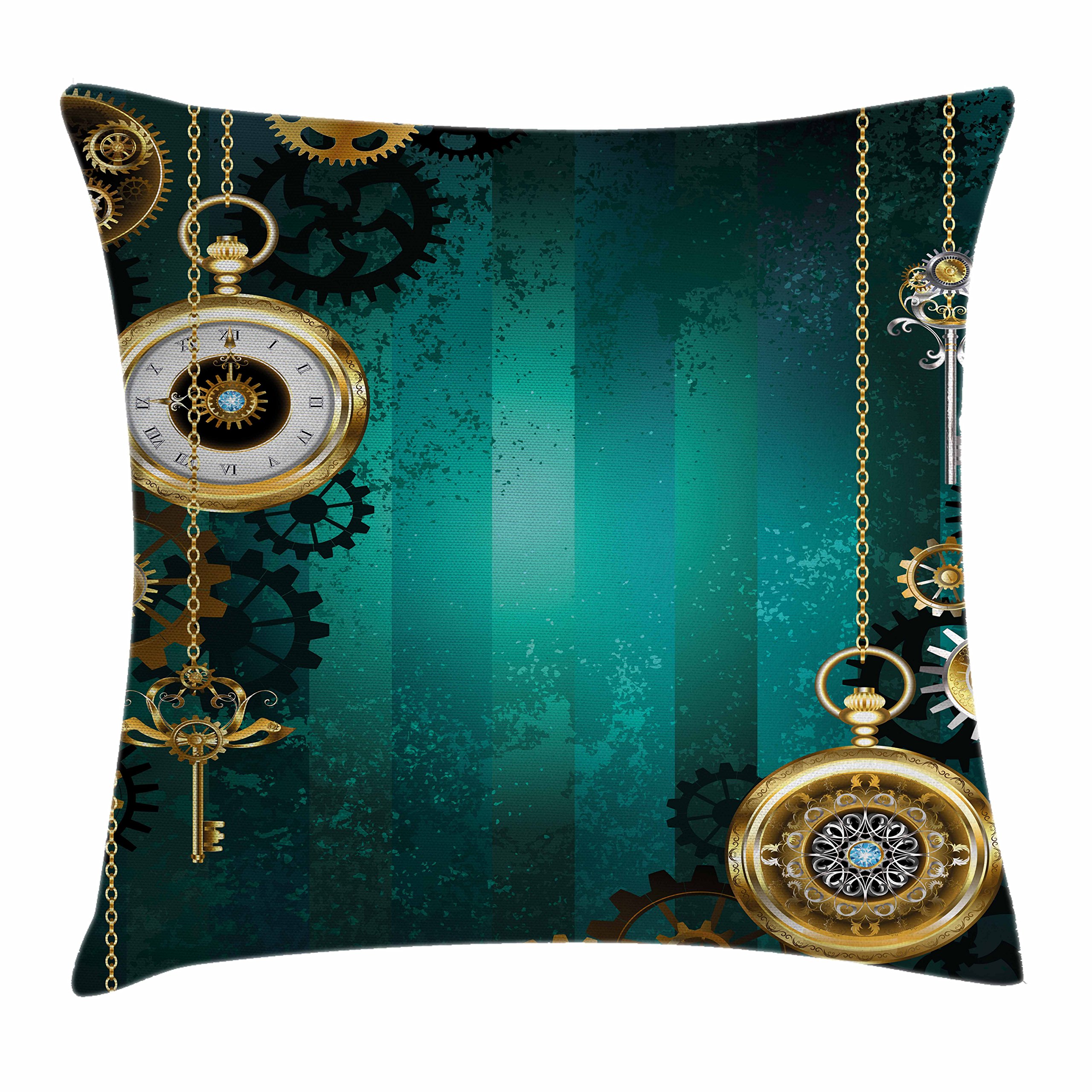 Ambesonne Industrial Throw Pillow Cover 28x28 Inch - Vintage Steampunk Design with Antique Watches, Keys & Chains - Green & Gold Square Decorative Cushion Case for Living Room, Bedroom, or Office Decor