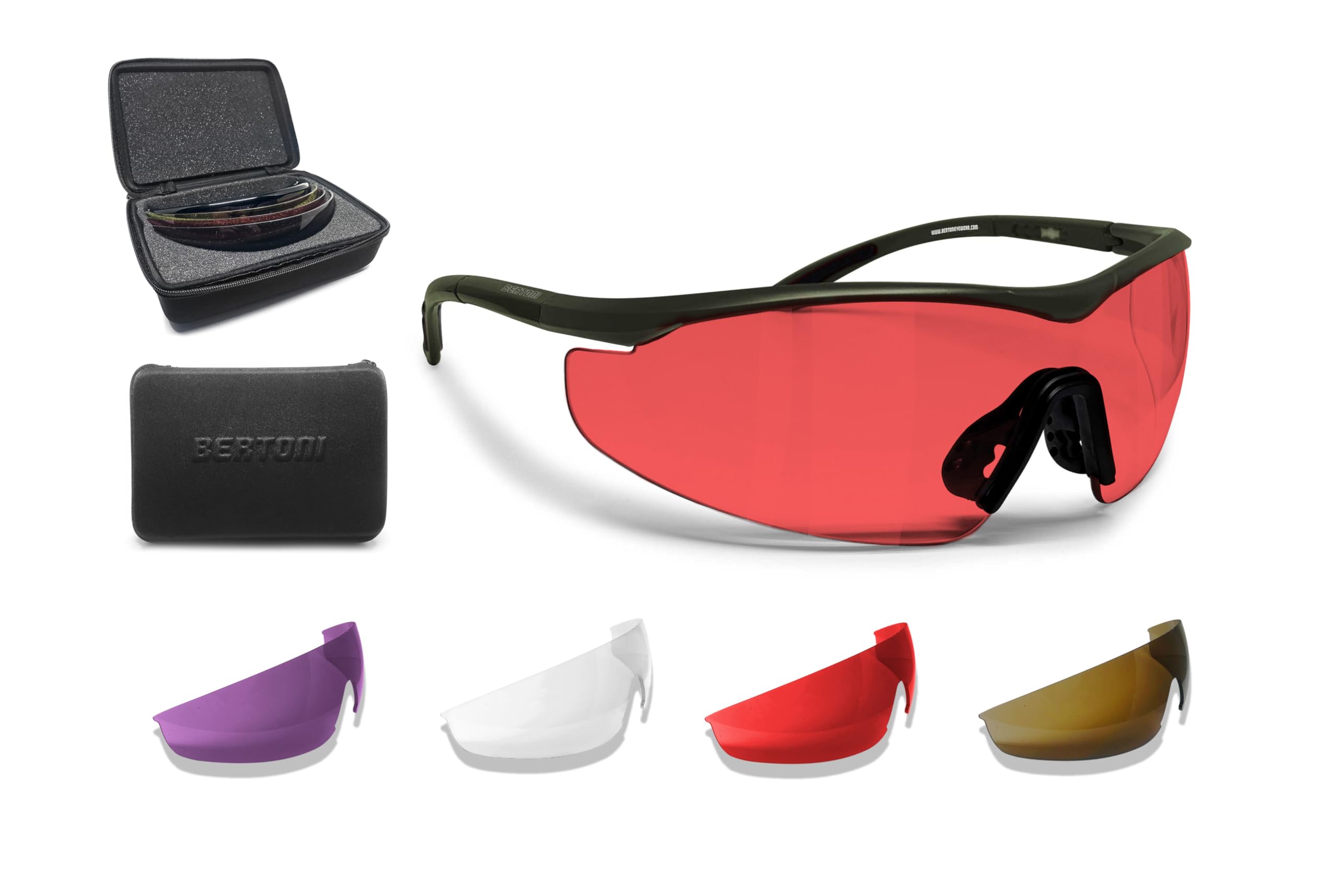 Bertoni Shooting Tactical Glasses with 4 Interchangeable Lenses - SH898 RX Optical Prescription Ready - Includes Carrying Case | Perfect for Hunting, Shooting Sports & Outdoor Activities