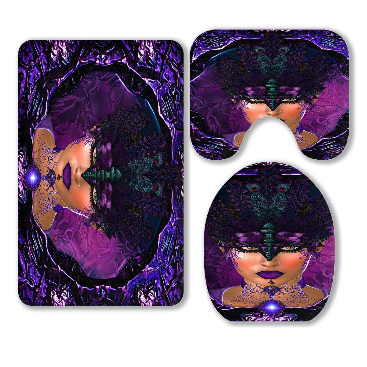 ECZJNT Purple Queen Masquerade 3-Piece Bathroom Rug Set - Non-Slip Bath Mat, Contour Mat & Toilet Lid Cover for Vintage Decor | Soft & Absorbent for Bathroom, Bedroom & Dressing Room