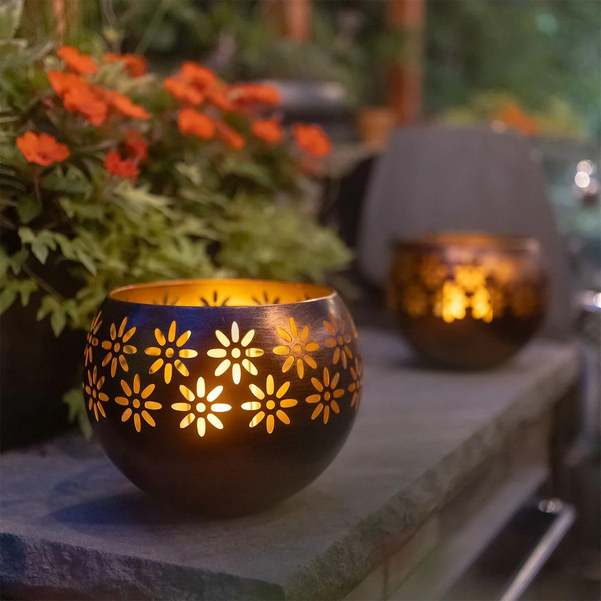 Original Solar Fire Bowl 8” (4-Pack) - Decorative Metal Solar Patio Lights with Realistic Flickering Flame, Waterproof Dusk-to-Dawn Outdoor Garden Lantern in Bronze/Copper Finish - Perfect for Backyard, Deck, Pathway & Landscape Lighting