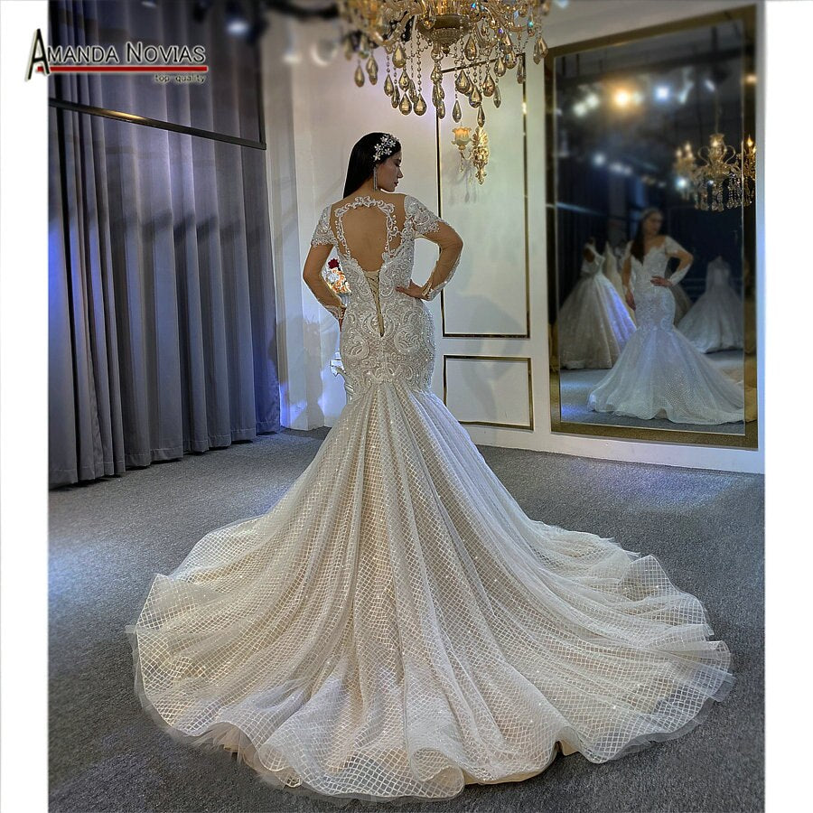 Elegant Mermaid Wedding Dress with Long Sleeves and Full Beading - Real Sample Photos | Perfect for Beach, Church, and Formal Weddings