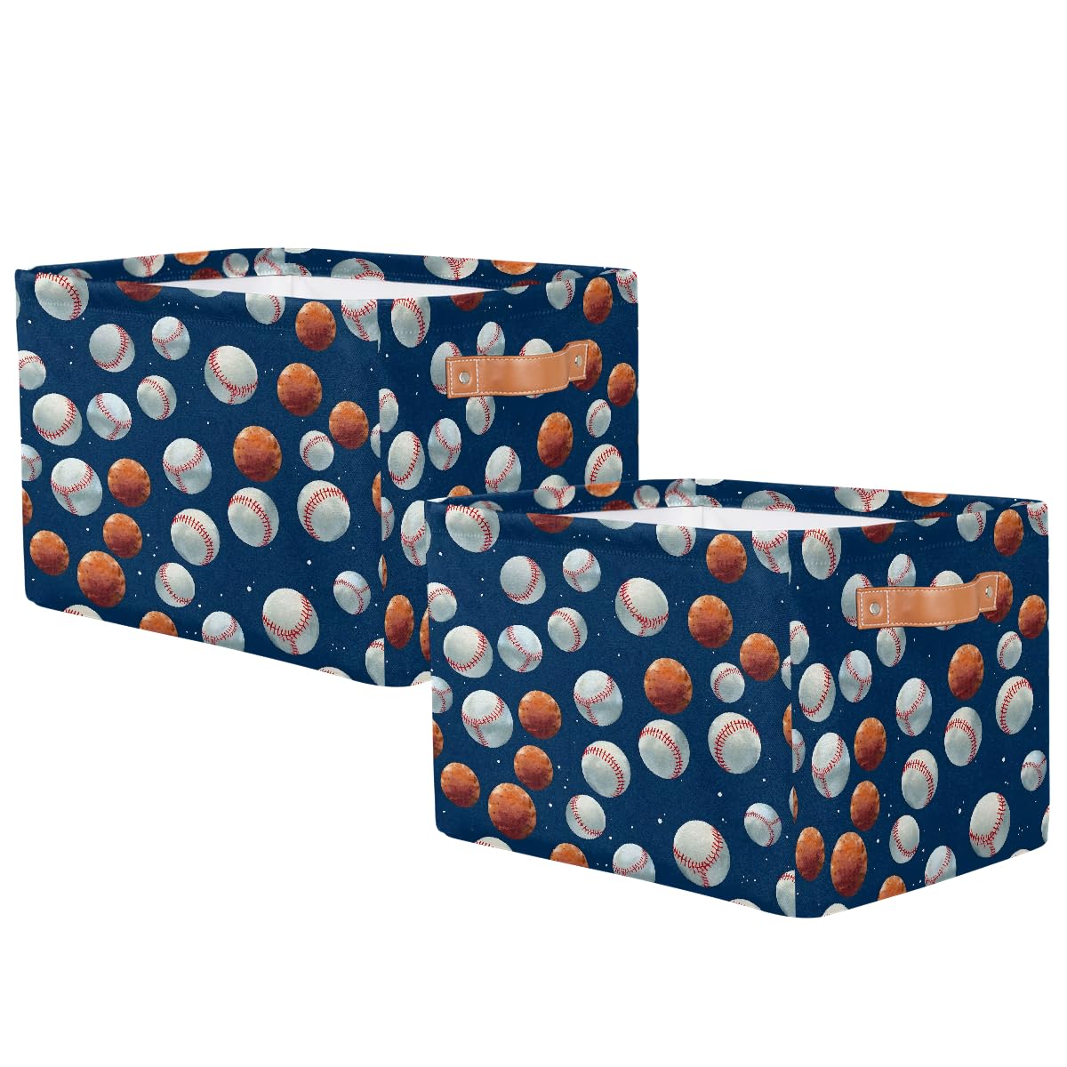 Foldable Baseball Pattern Storage Baskets with Handles - 2 Pack Decorative Shelf Organizer Bins for Home, Bedroom & Closet Organization