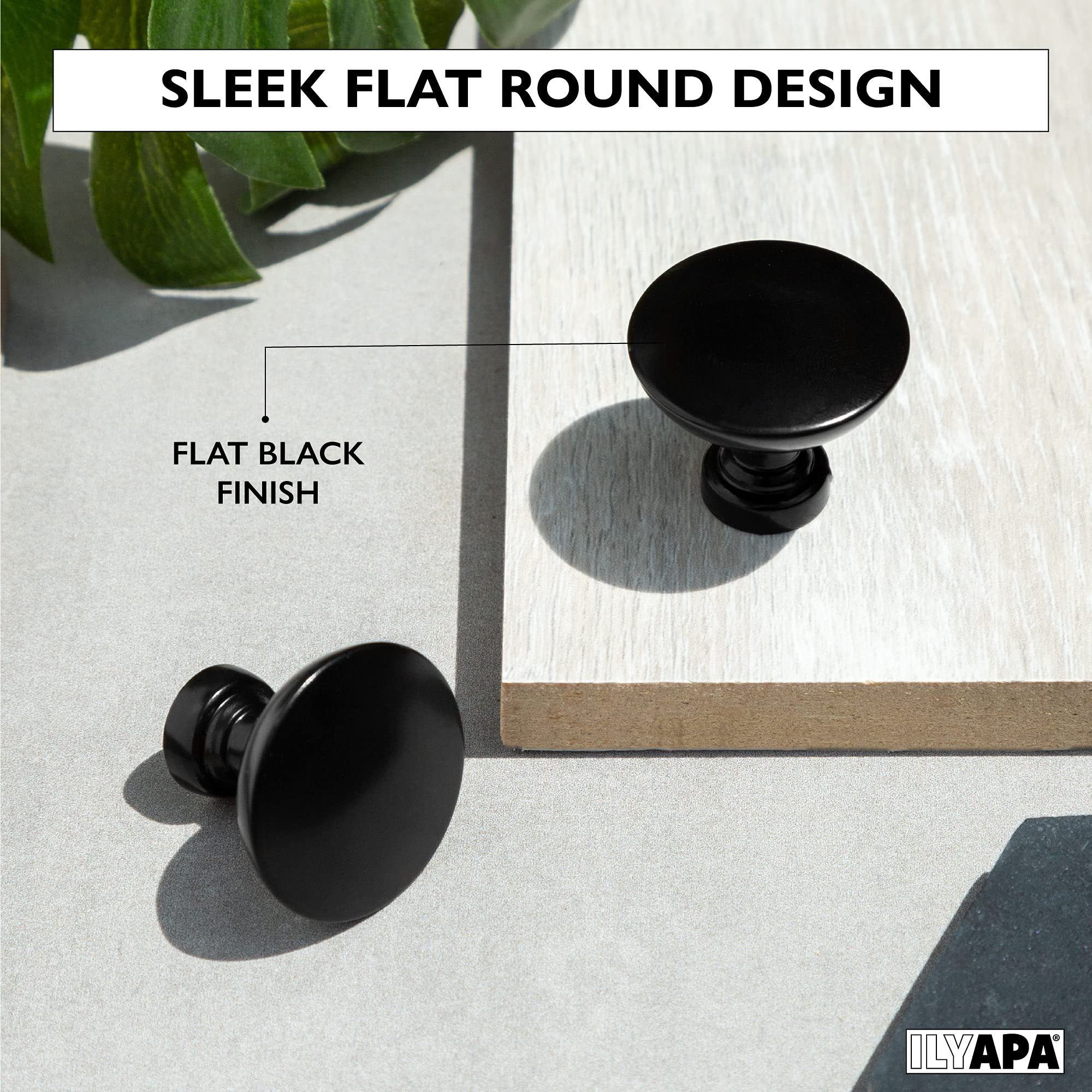 Ilyapa 25-Pack Flat Black Round Kitchen Cabinet Knobs - Matte Black Drawer Handles for Cabinets & Furniture - Perfect for Modern Kitchens, Bathrooms & Office Storage