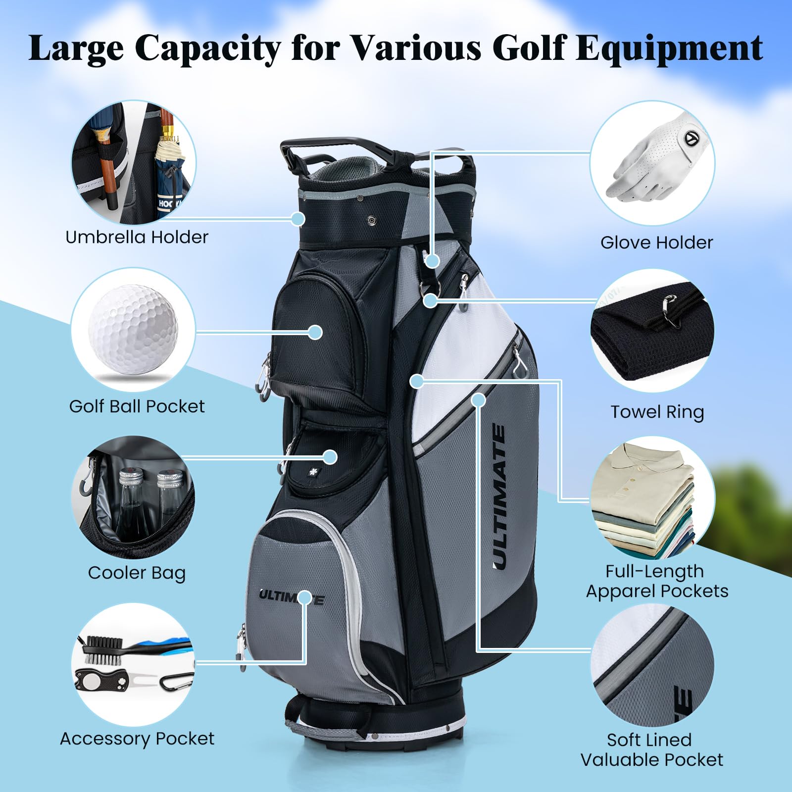 **Goplus 14-Way Top Divider Golf Cart Bag with 7 Zipped Pockets, Cooler Compartment & Rain Hood - Lightweight Golf Club Bag with Detachable Shoulder Strap for Men & Women - Perfect for Golf Tournaments, Driving Range & Travel**