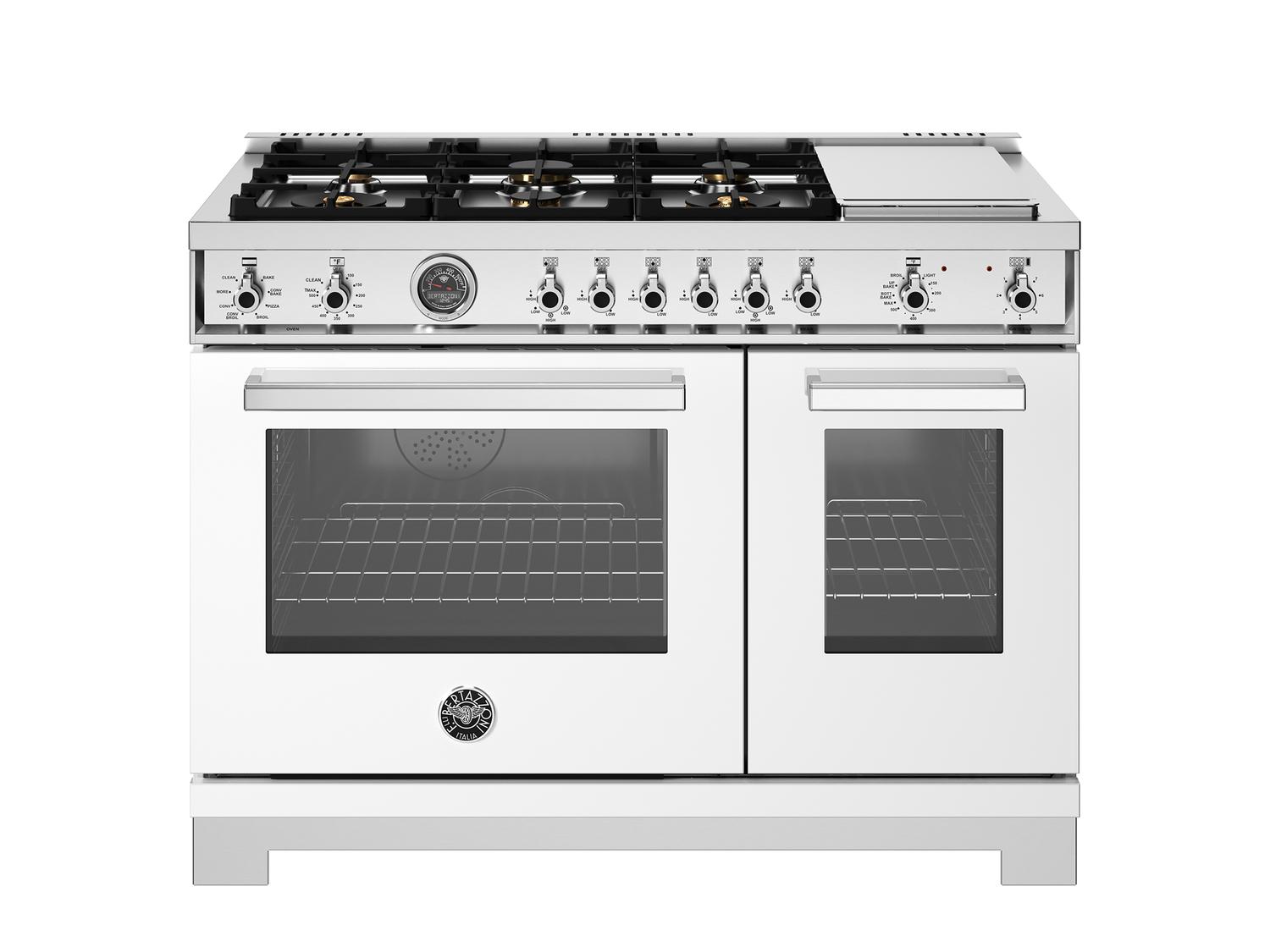Bertazzoni PRO486BTFEPBIT 48 Inch Dual Fuel Range with 6 Brass Burners & Griddle, Electric Self-Cleaning Oven in Bianco - Perfect for Professional Kitchens & Home Chefs