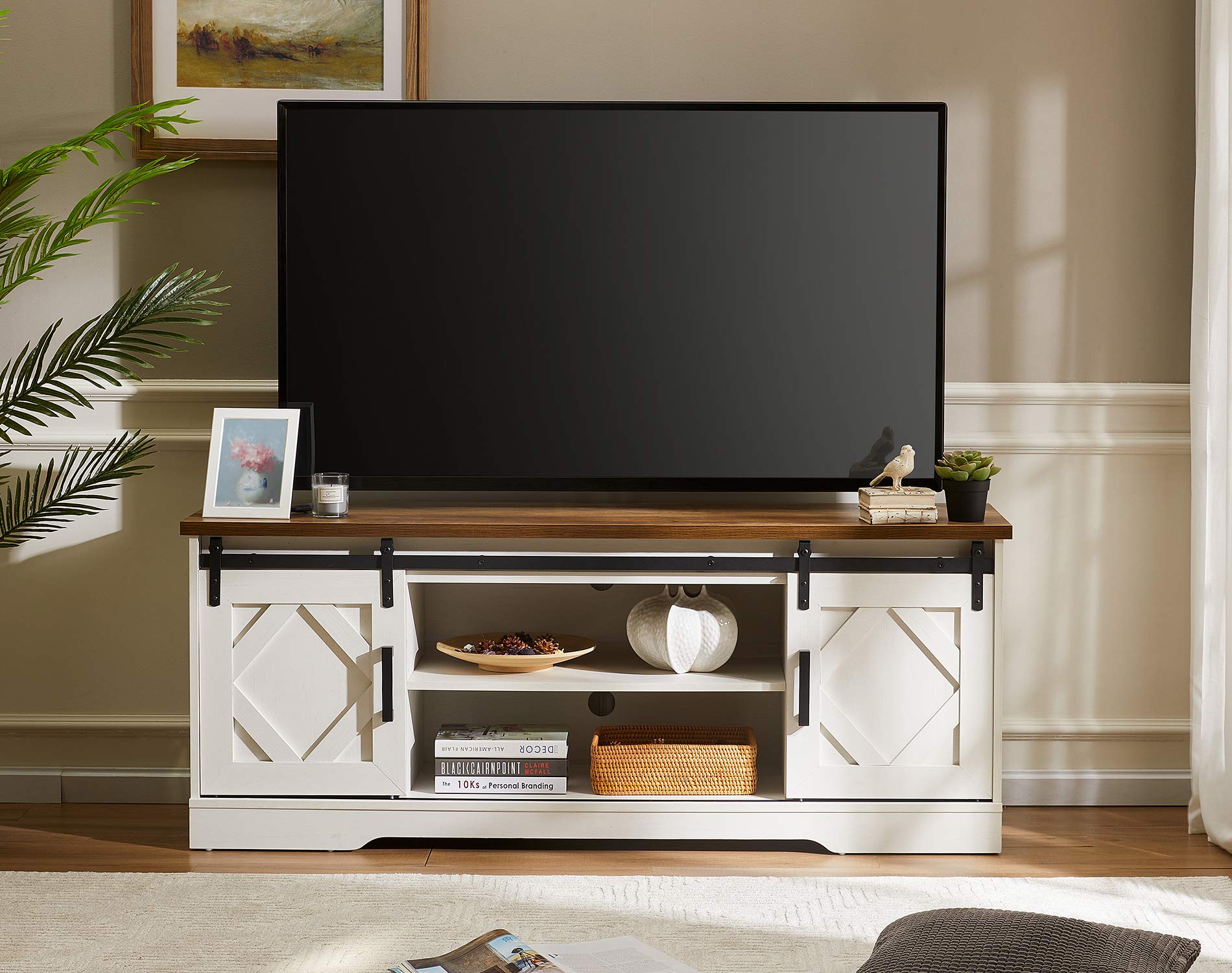WAMPAT 65 Inch Farmhouse Sliding Barn Door TV Stand - Modern Wood Media Console with 3 Adjustable Shelves, Storage Cabinet for Living Room - White/Oak Finish - Perfect for Home Theater & Entertainment Setup