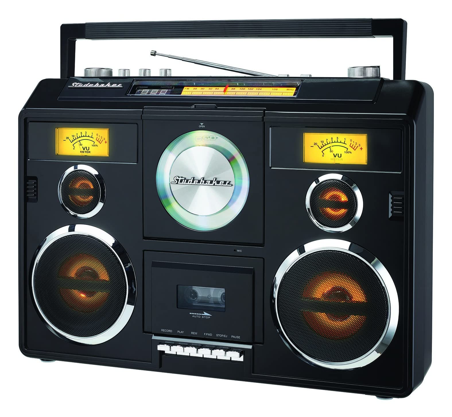 Portable Stereo Sound System with Bluetooth, CD Player, AM/FM Radio & Cassette Recorder - Black | Wireless Music Streaming for Home, Office & Outdoor Parties