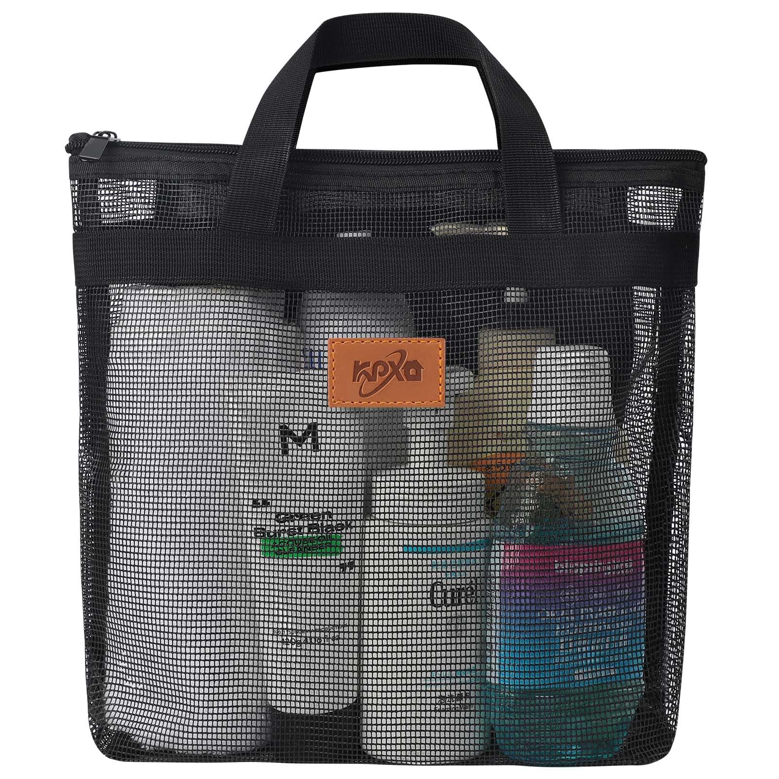 KPX Quick Dry Mesh Shower Caddy - Hanging Toiletry Bag for Bathroom, College Dorm, Travel & Gym - Waterproof Bath Organizer for Beach, Swimming Pool & Yoga (Black, 1 Pack) - Perfect for Camping Trips & Spa Days