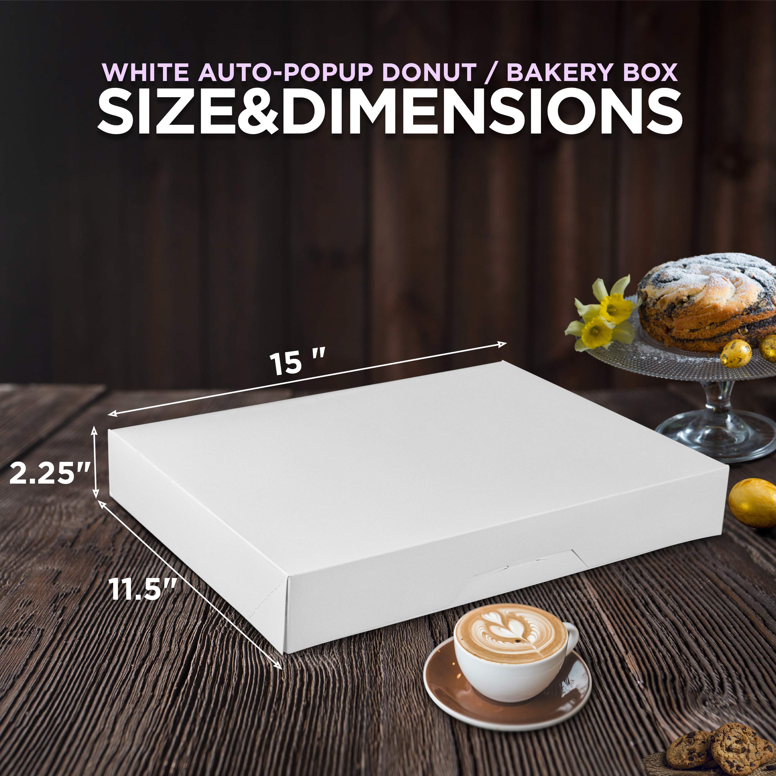 100 Pack 15x11.5x2.2 Inch White Bakery Boxes - Auto-Popup Cardboard Gift Packaging for Donuts, Cookies, Brownies, Pastries & Bread | Perfect for Meal Prep, Baking Storage & Wholesale Business Use