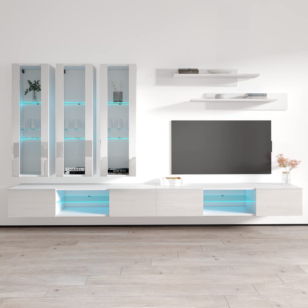 Modern White Wall-Mounted TV Stand with Storage Shelves & LED Lights - Meble Fly E3 33
