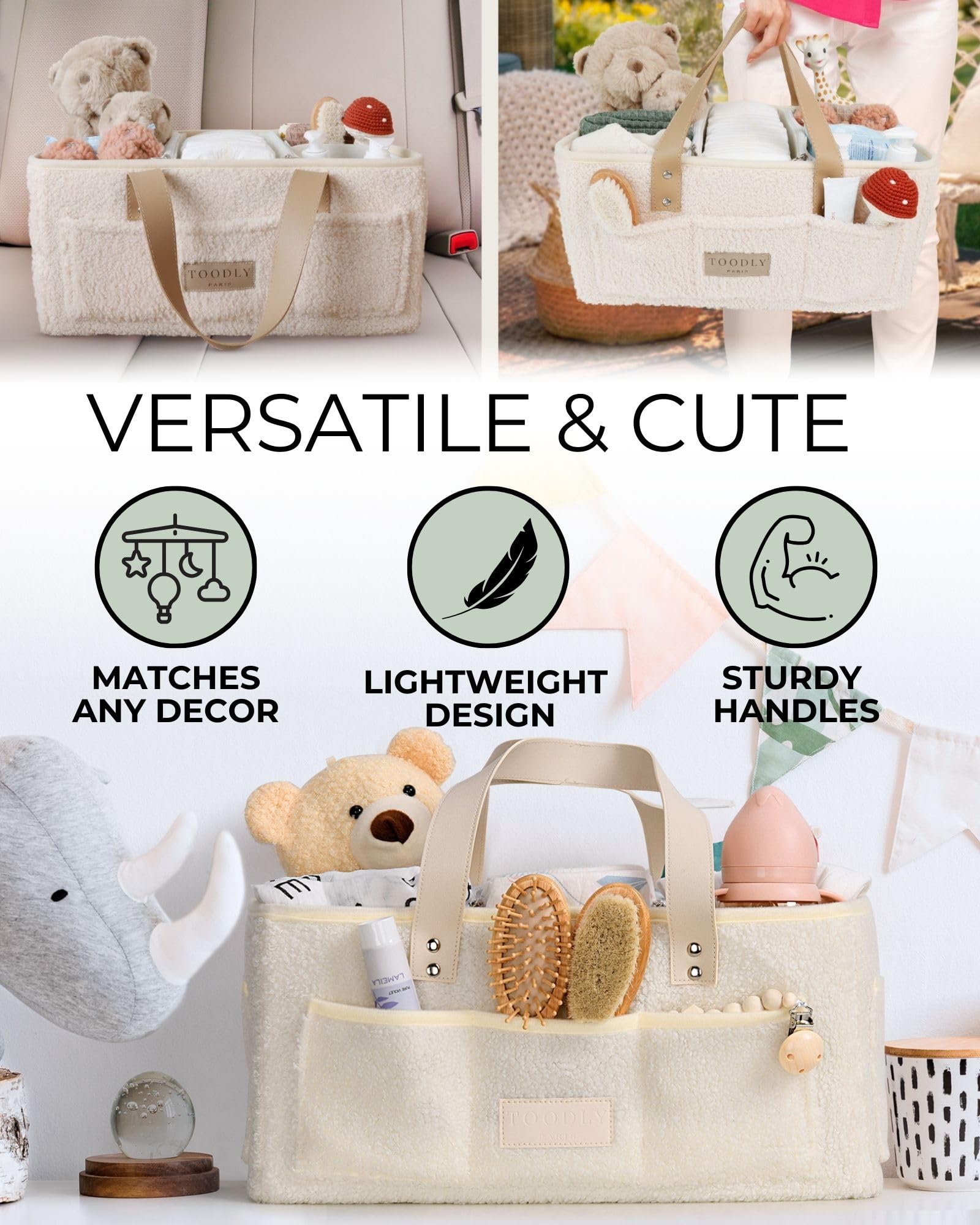 Portable Baby Diaper Caddy Organizer with Soft Teddy Fleece Changing Mat - Nursery Storage Basket for Diapers, Wipes & Essentials - Removable Dividers for Easy Organization - Perfect for Nursery, Bedroom or On-the-Go Diaper Changes