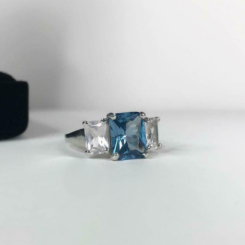 2.5ct London Blue Topaz Engagement Ring for Women - Radiant Cut Trilogy Setting, White Gold Plated | Perfect for Proposals, Anniversaries & Special Occasions
