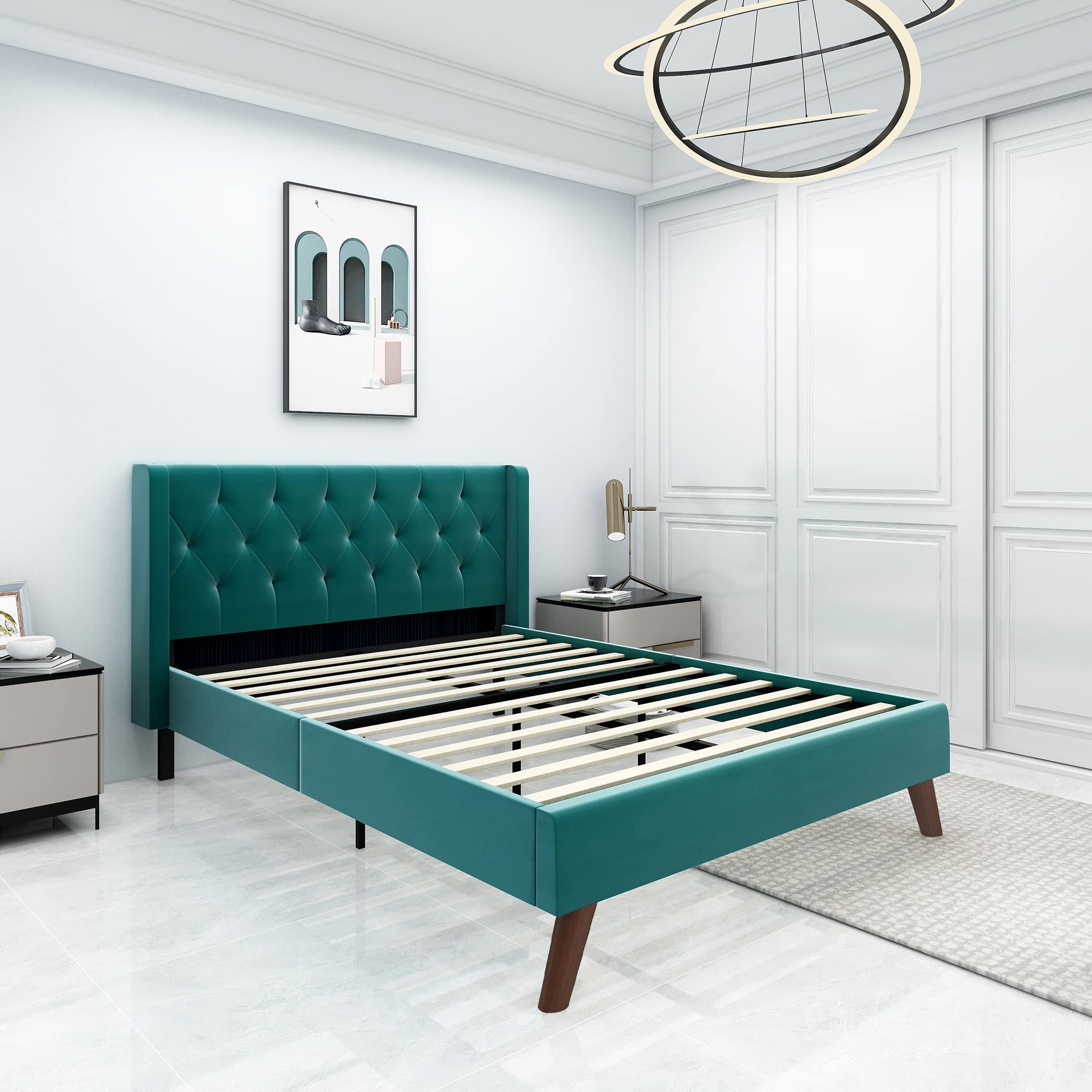 Luxury Velvet Upholstered Queen Size Bed Frame with Wingback Design & Wood Slat Support - No Box Spring Needed - Tufted Headboard - Dark Green - Perfect for Master Bedroom & Guest Room Decor