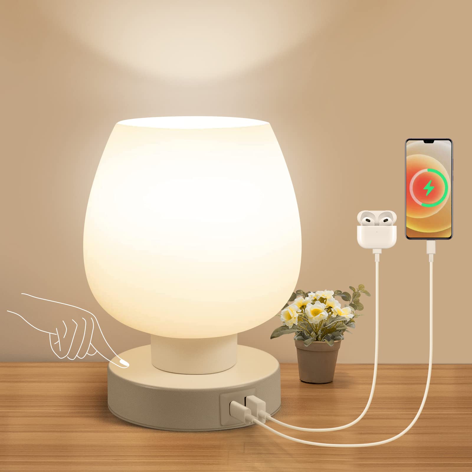 Modern Touch Bedside Table Lamp - 3-Way Dimmable USB-C & USB-A Charging Nightstand Lamp with Warm White LED Bulb & Opal Glass Shade, Perfect for Bedroom, Office, or Nursery - Simple Elegant Gift Idea