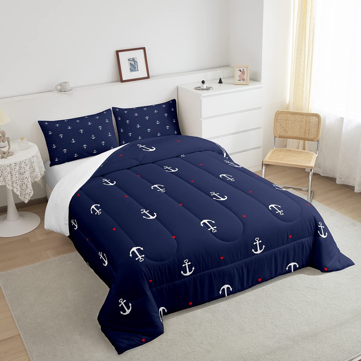 **Nautical Themed Twin Comforter Set - 2 Piece Navy Blue Microfiber Down Alternative Bedding for Kids & Teens Boys Room Decor - Includes 1 Pillowcase - Perfect for Coastal, Beach, or Sailor Themed Bedrooms**
