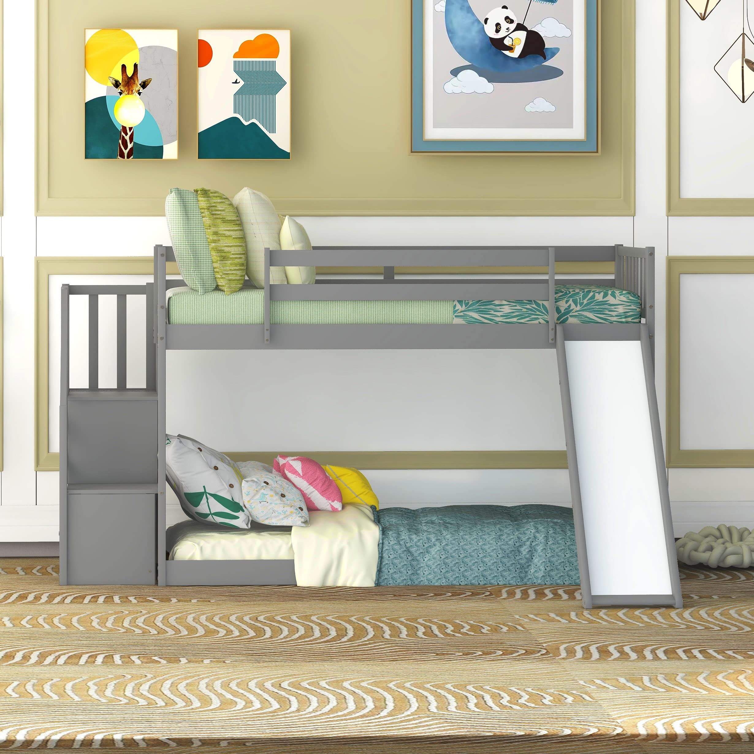 Harper & Bright Designs Twin Bunk Bed for Kids - Solid Wood Low Bunk Bed with Slide & Stairway, Space-Saving Gray Bunk Bed - Perfect for Kids' Bedroom, Dorm Room or Small Spaces