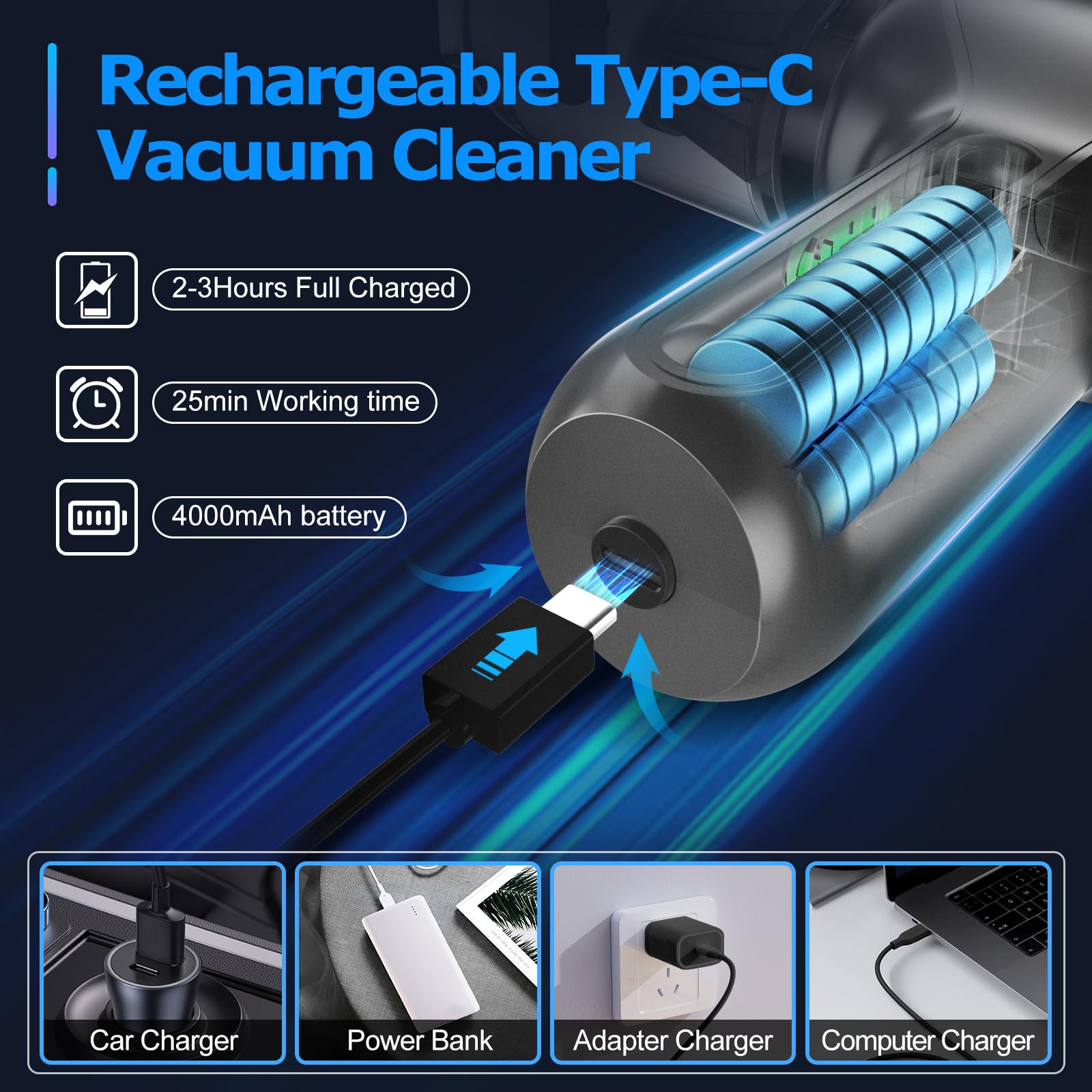 3-in-1 Portable Mini Car Vacuum Cleaner - 18000PA High Power Rechargeable Cordless Handheld Vacuum with Brushless Motor | Perfect for Car Detailing, Home Cleaning & Keyboard Dusting