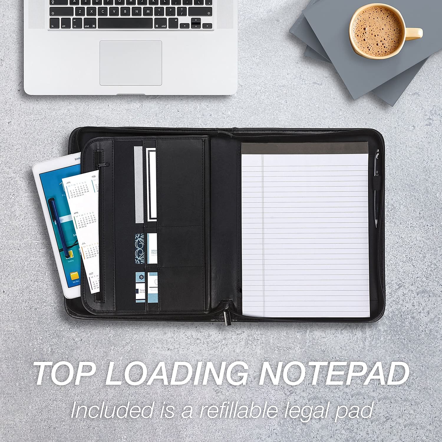 Samsill 70820 Professional Zippered Pad Holder with Multiple Pockets & Slots - Black Leather Writing Pad Organizer for Office, School & Business Meetings