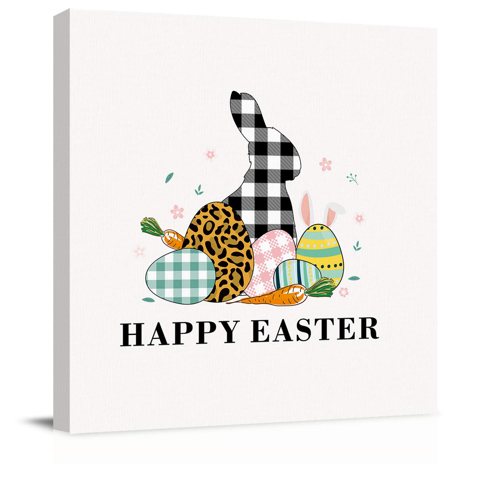 Modern Checkered Rabbit Easter Egg Canvas Wall Art - Cheetah Print White Contemporary Square Painting for Bedroom Decor (24